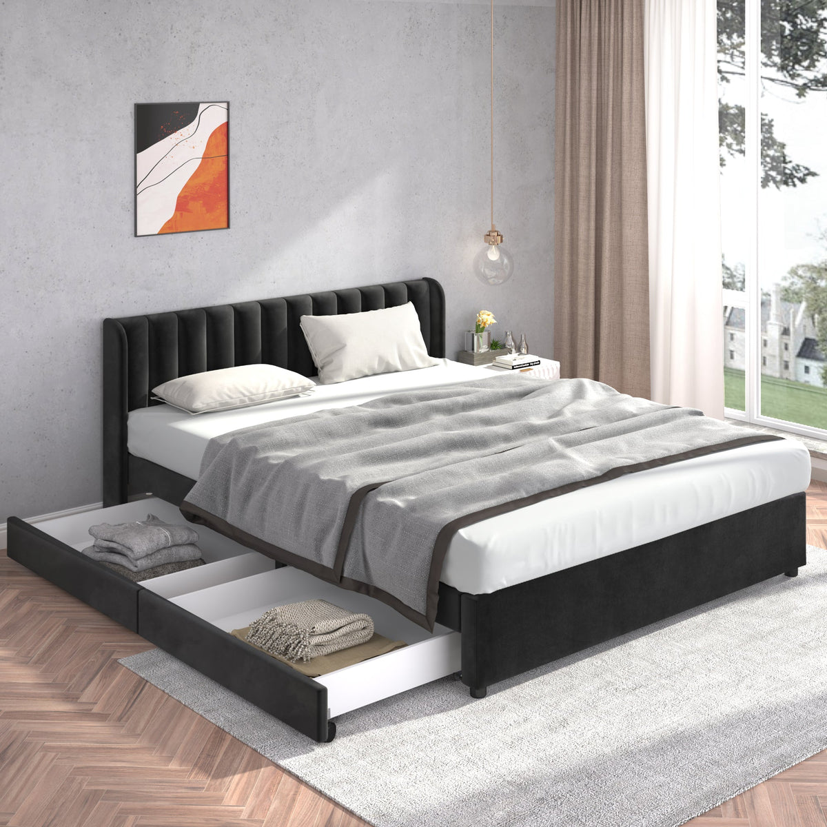 Upholstered Bed 180x200cm Slatted Base Headboard 2 Drawers, Black Velvet