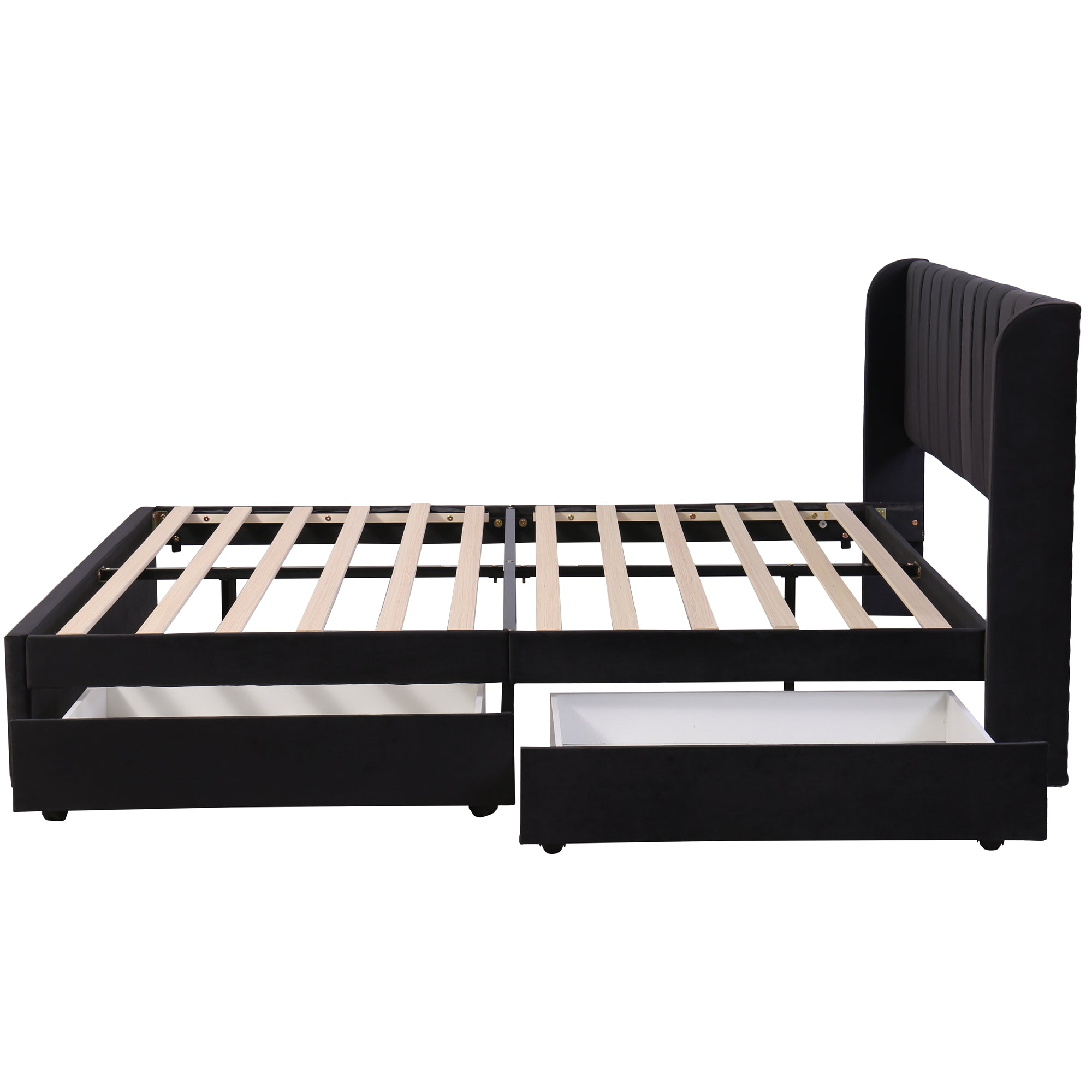 Upholstered Bed 180x200cm Slatted Base Headboard 2 Drawers, Black Velvet