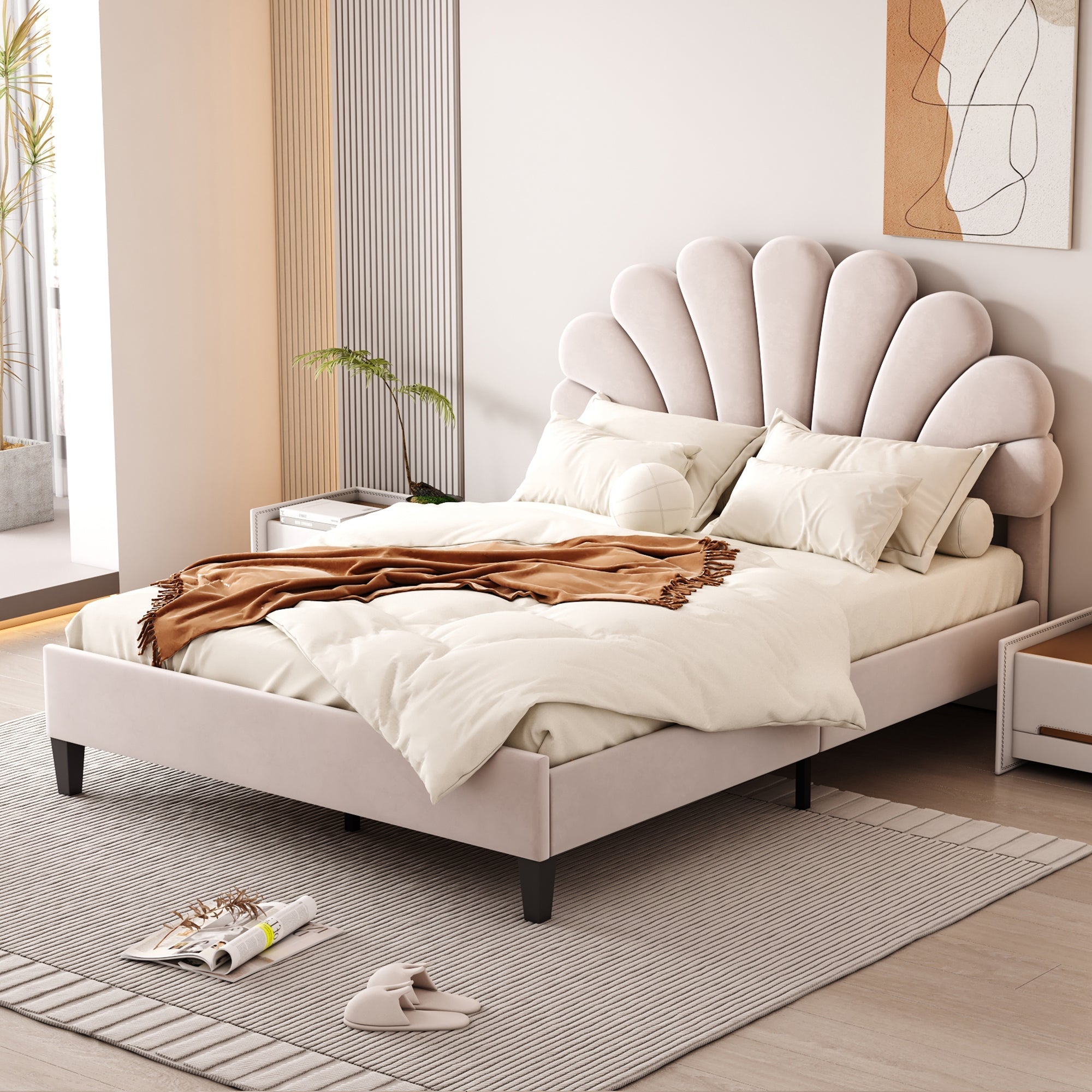 Upholstered Double Bed, 140x200cm Flower Headboard with Slats, Velvet Beige