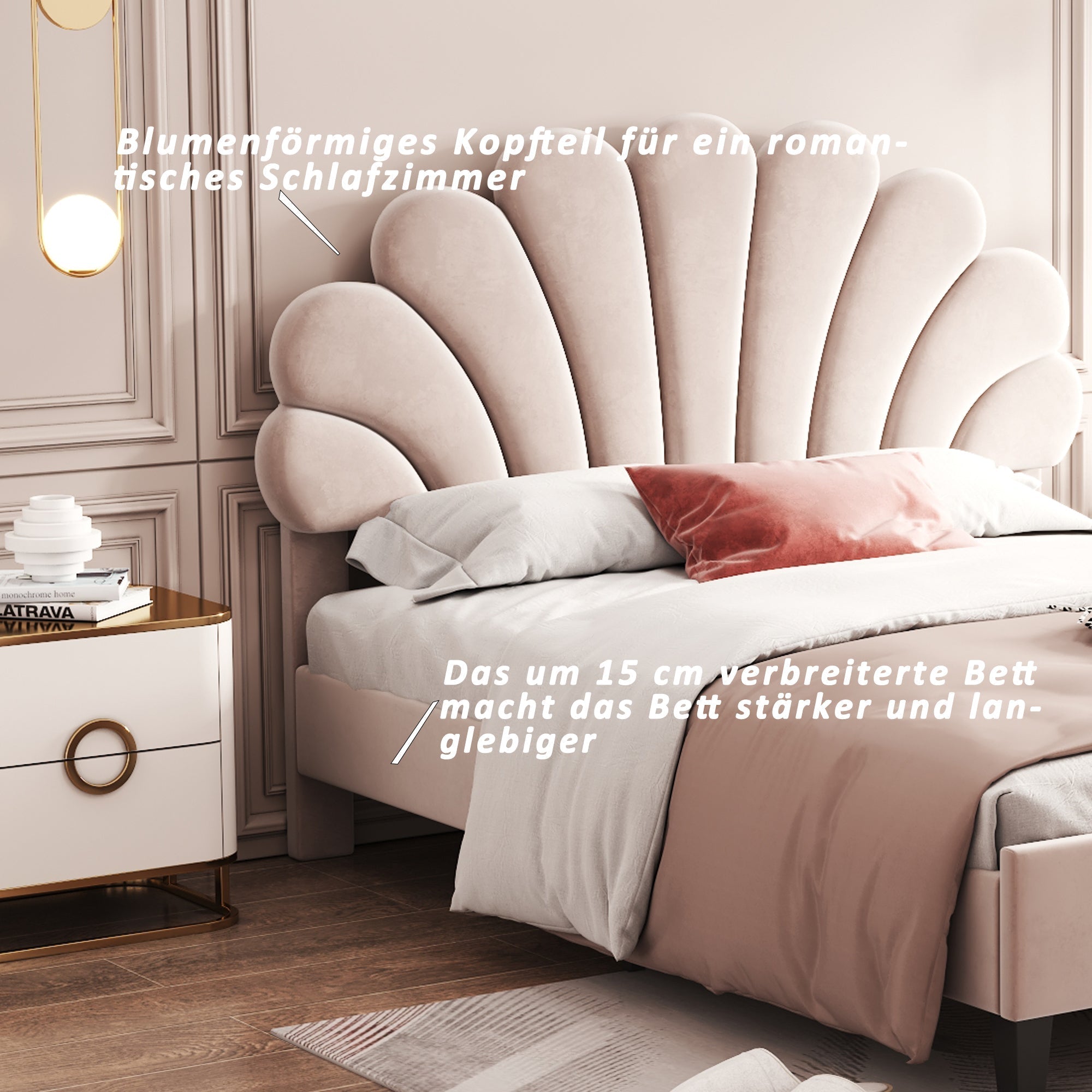 Upholstered Double Bed, 140x200cm Flower Headboard with Slats, Velvet Beige