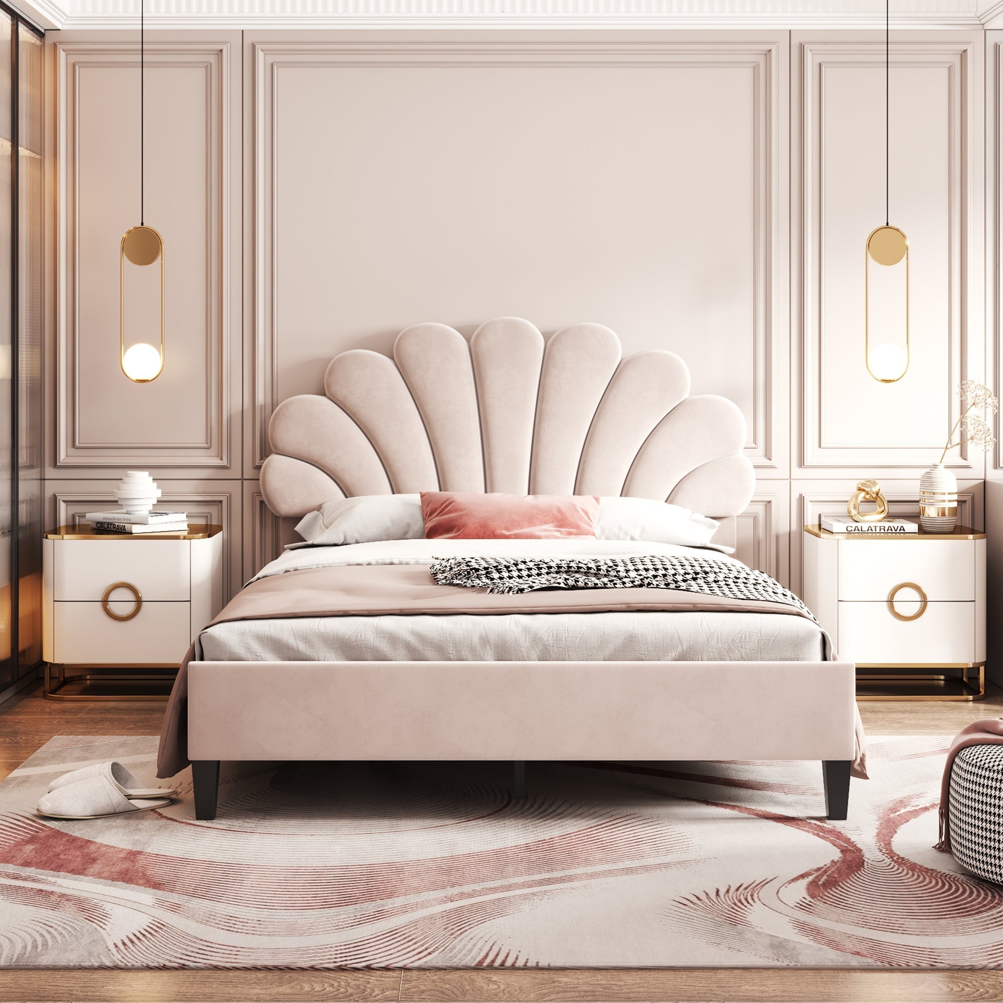 Upholstered Double Bed, 140x200cm Flower Headboard with Slats, Velvet Beige