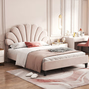 Upholstered Double Bed, 140x200cm Flower Headboard with Slats, Velvet Beige