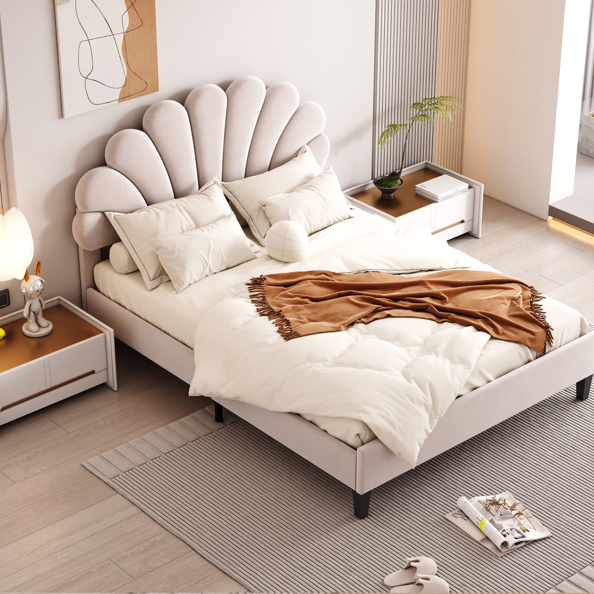 Upholstered Double Bed, 140x200cm Flower Headboard with Slats, Velvet Beige