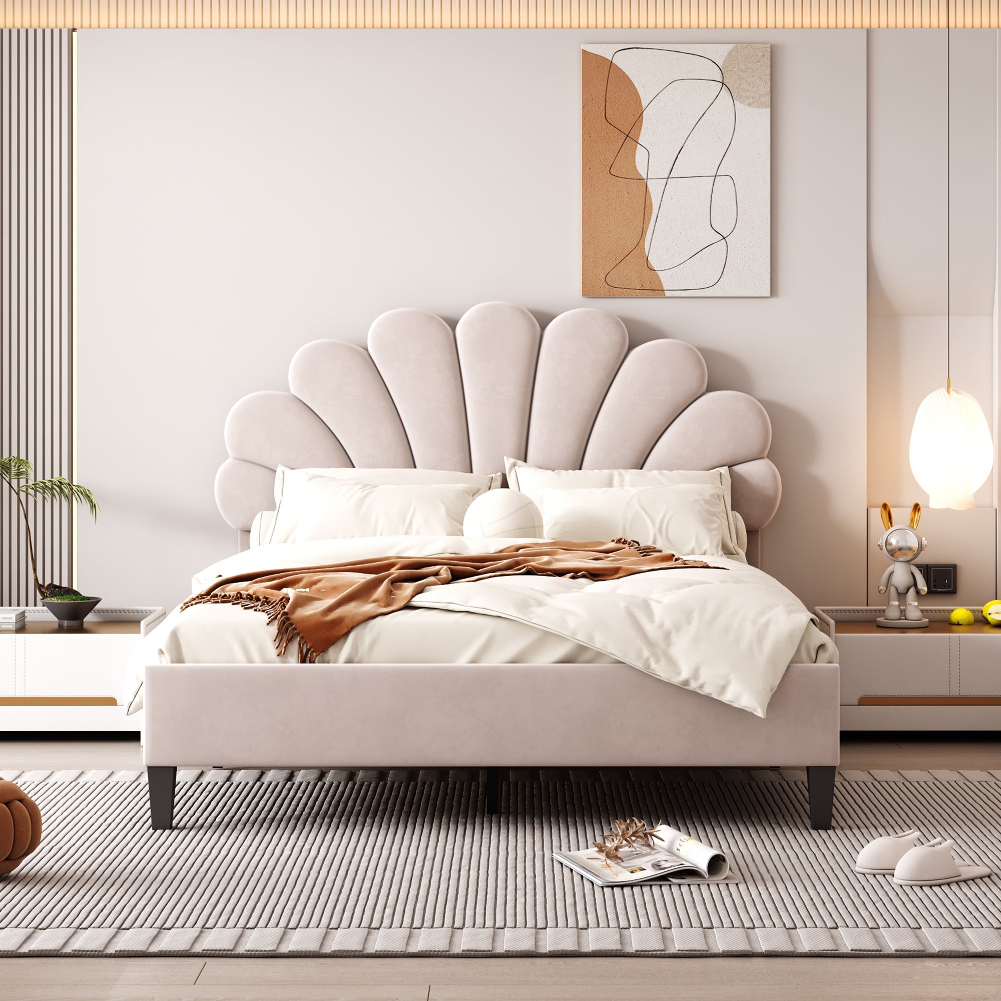 Upholstered Double Bed, 140x200cm Flower Headboard with Slats, Velvet Beige
