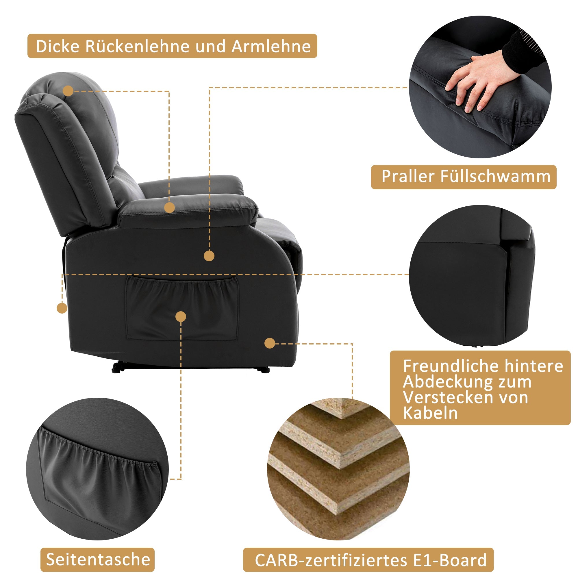 300969970AAA Reclining Armchair & Lounger, TV Recliner, Side Pocket, PU Leather