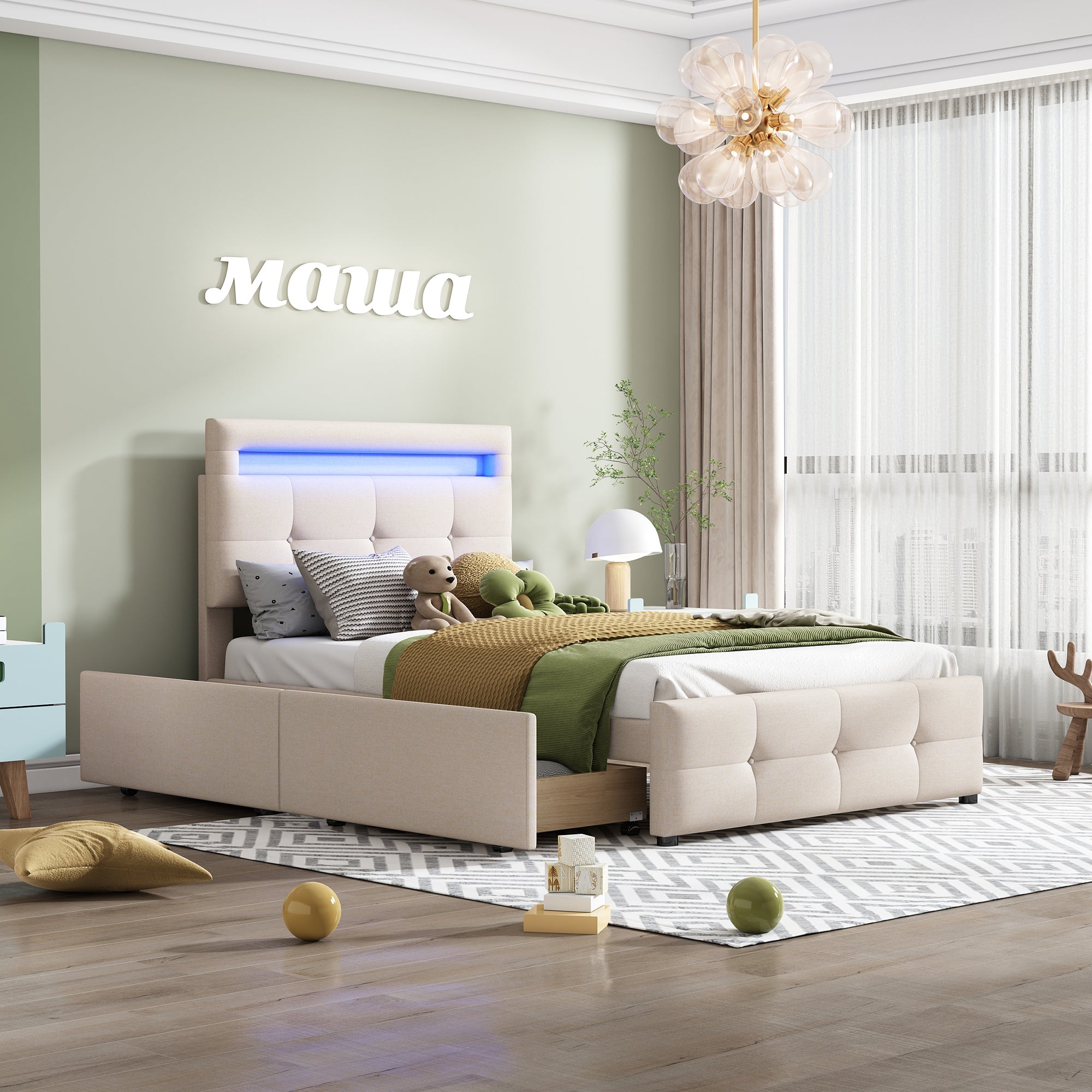 Upholstered Bed 90x200cm, LED Lights, 2 Drawers, Linen Beige