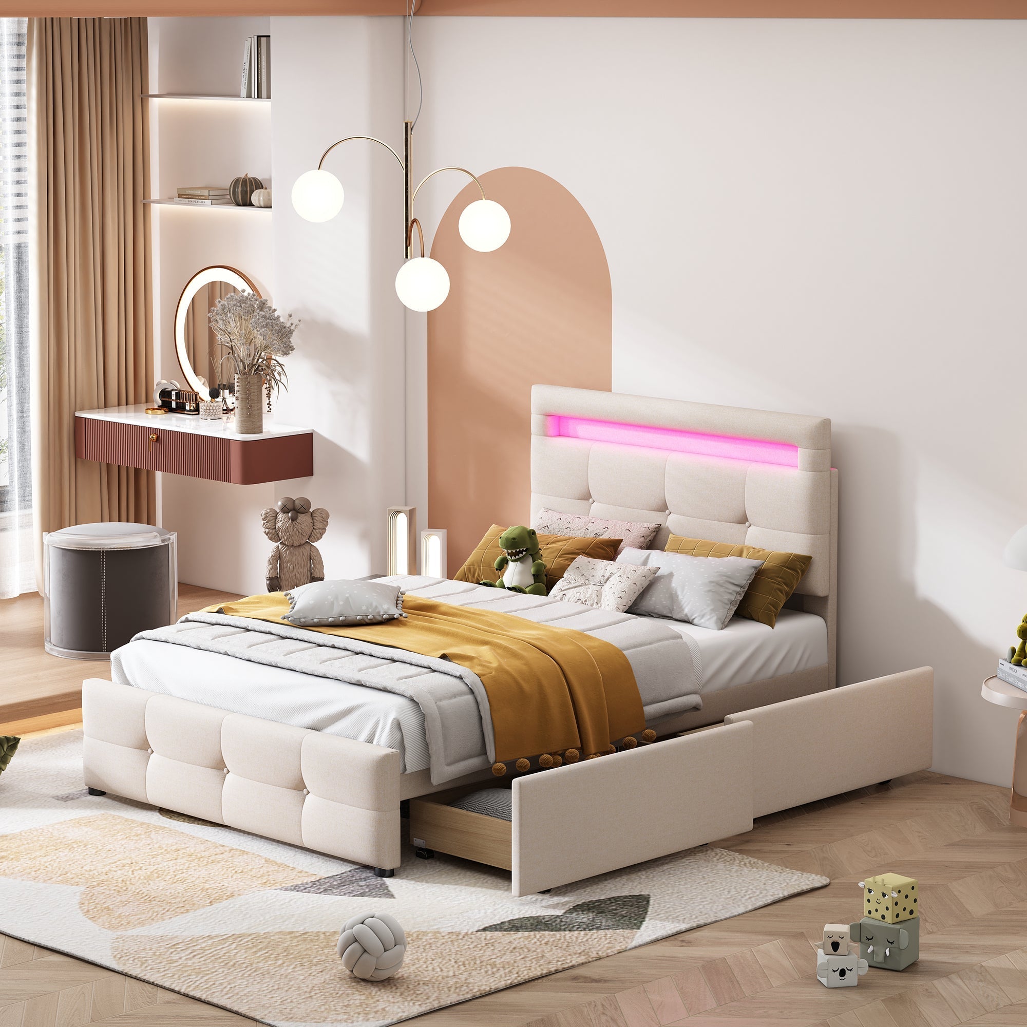 Upholstered Bed 90x200cm, LED Lights, 2 Drawers, Linen Beige