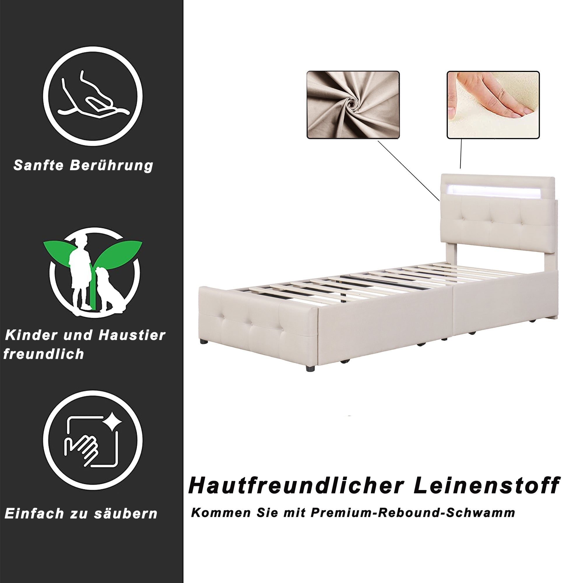 Upholstered Bed 90x200cm, LED Lights, 2 Drawers, Linen Beige