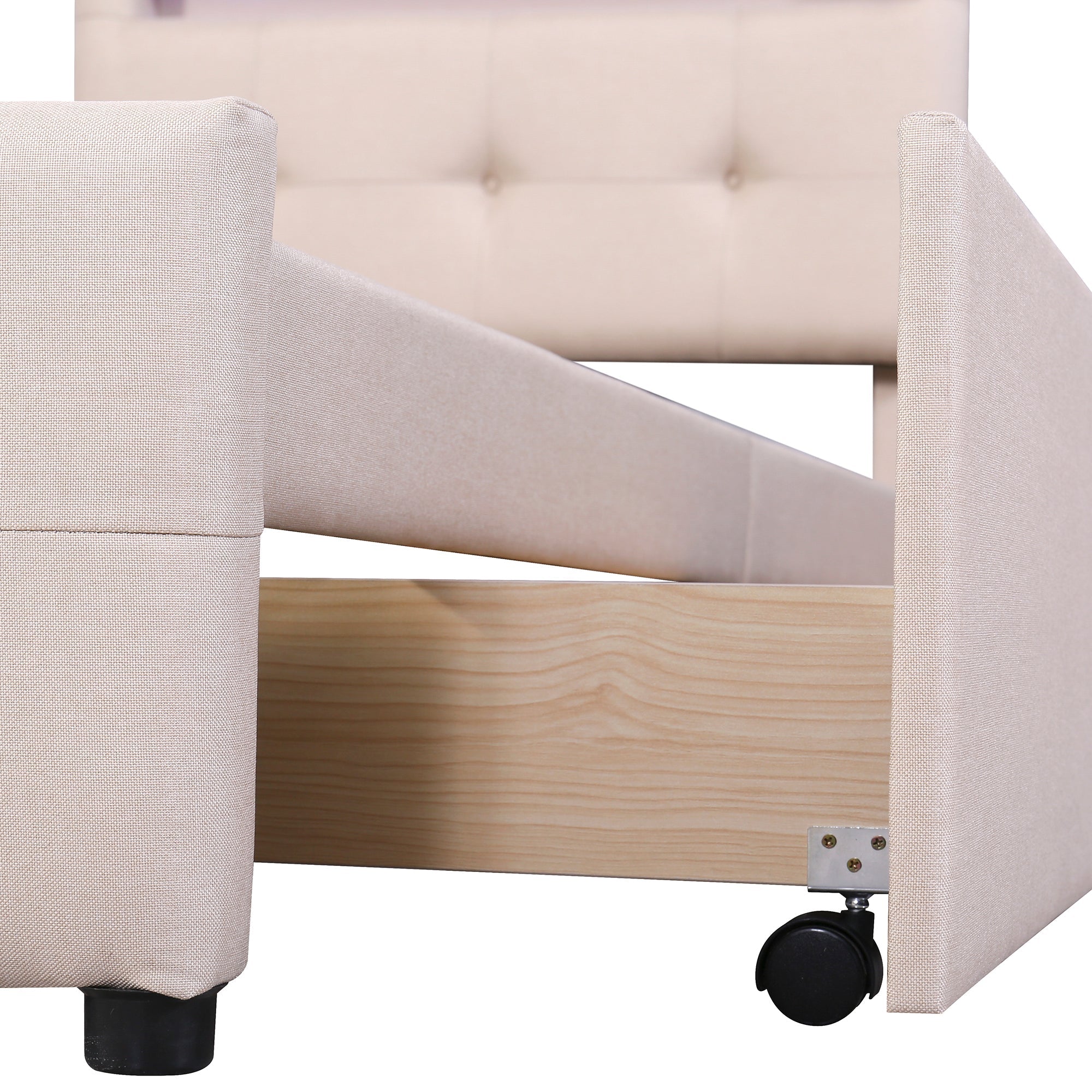 Upholstered Bed 90x200cm, LED Lights, 2 Drawers, Linen Beige