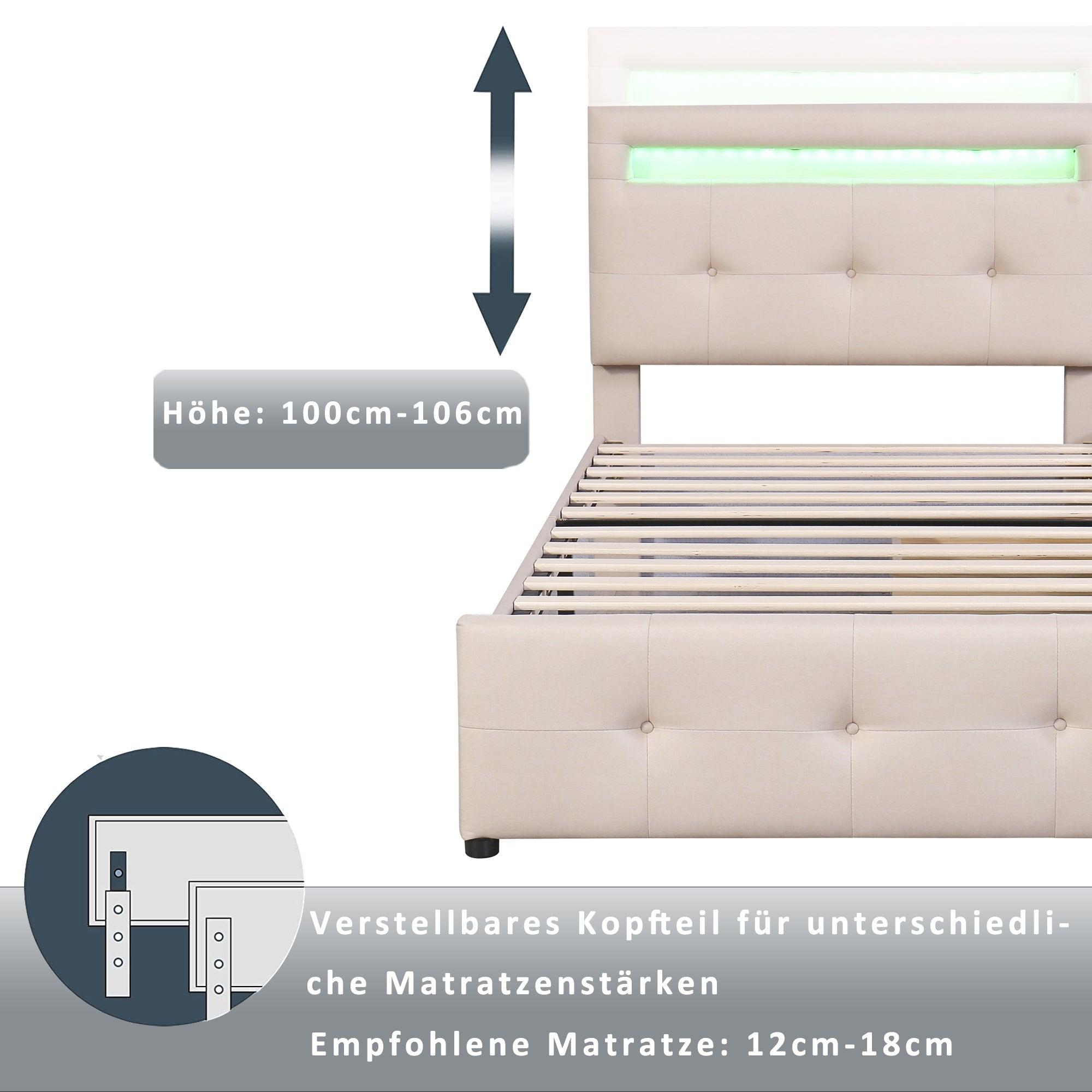 Upholstered Bed 90x200cm, LED Lights, 2 Drawers, Linen Beige