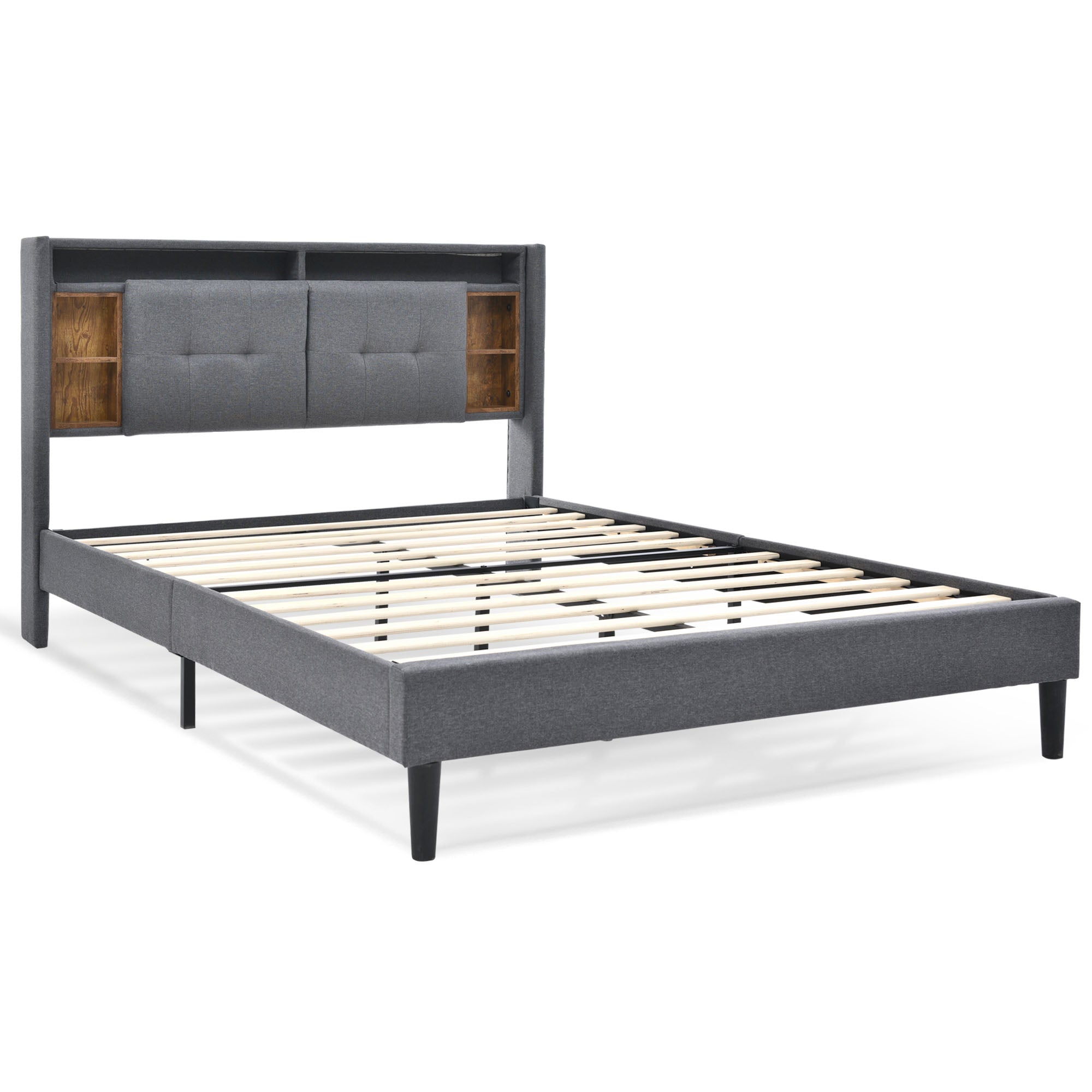 Upholstered Double Bed with Storage Headboard, USB & LED, Wooden Slats, Grey