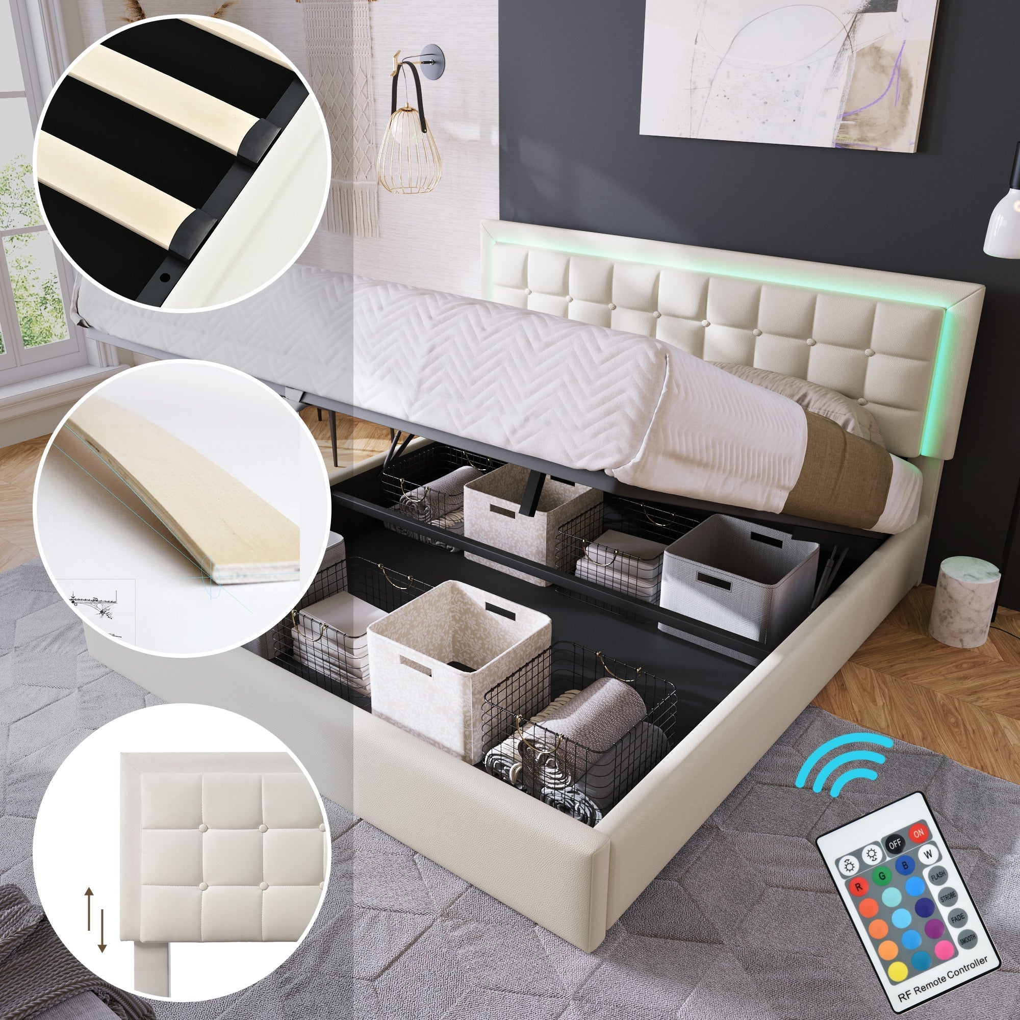 Upholstered Bed, 180x200cm LED Storage Double, White Artificial Leather