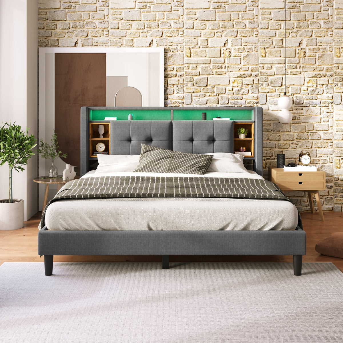 Upholstered Double Bed, Storage Headboard USB LED 160x200cm, Grey