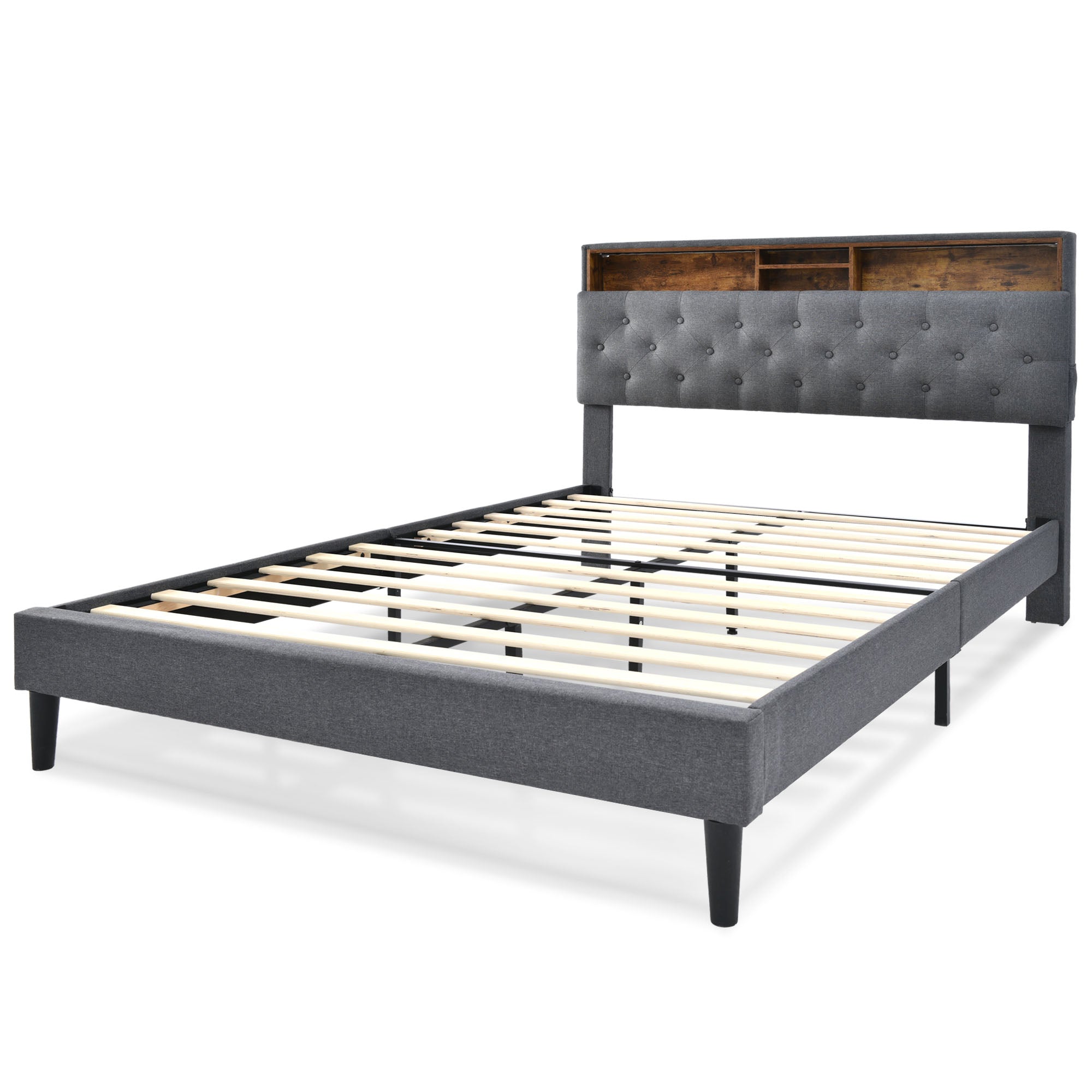 Upholstered Double Bed, Storage Headboard LED Lights 140x200cm, Wooden Frame Grey