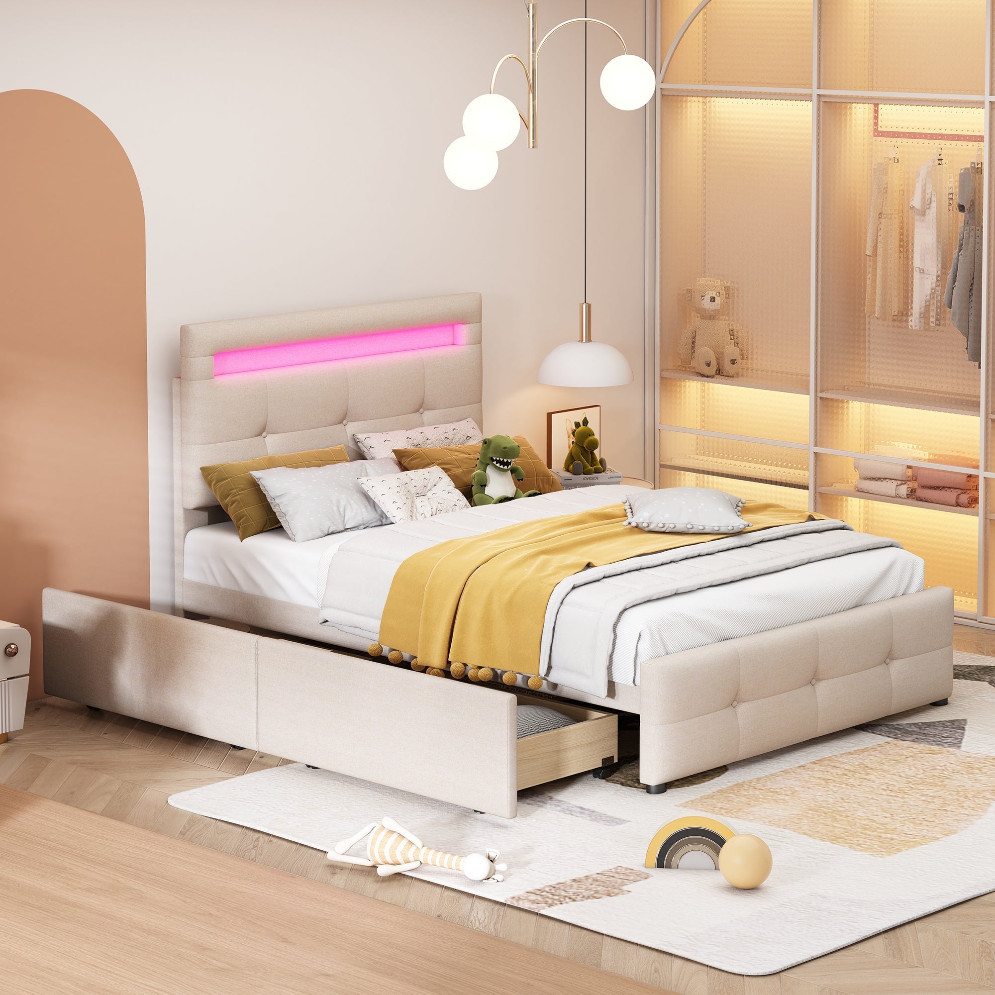 Upholstered Bed 90x200cm, LED Lights, 2 Drawers, Linen Beige