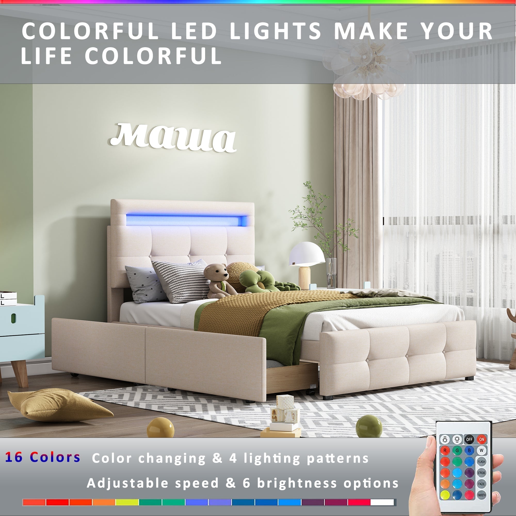 Upholstered Bed 90x200cm, LED Lights, 2 Drawers, Linen Beige