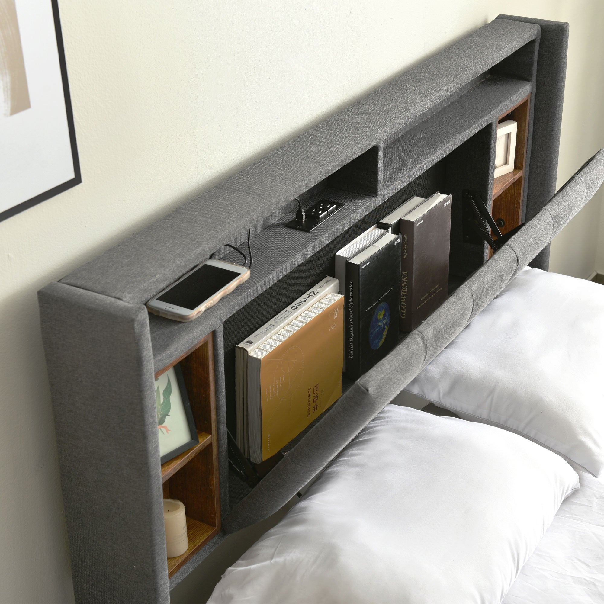 Upholstered Double Bed 160x200cm Storage USB LED Slatted Base, Grey
