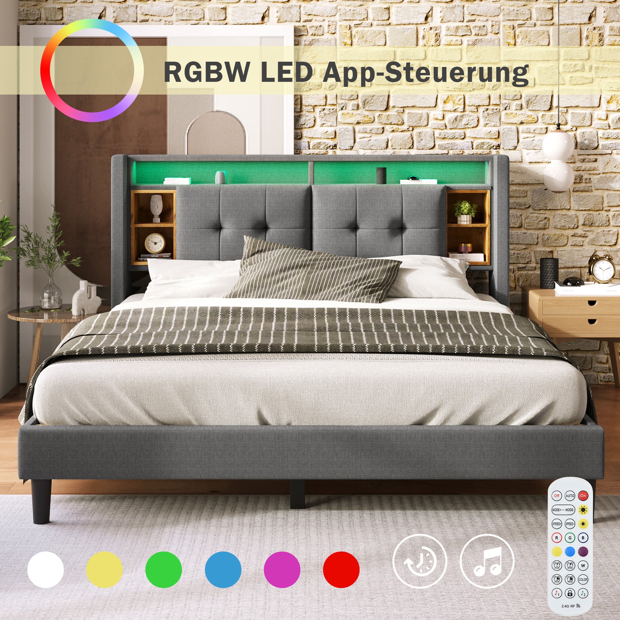 Upholstered Double Bed with Storage Headboard, USB & LED, Wooden Slats, Grey