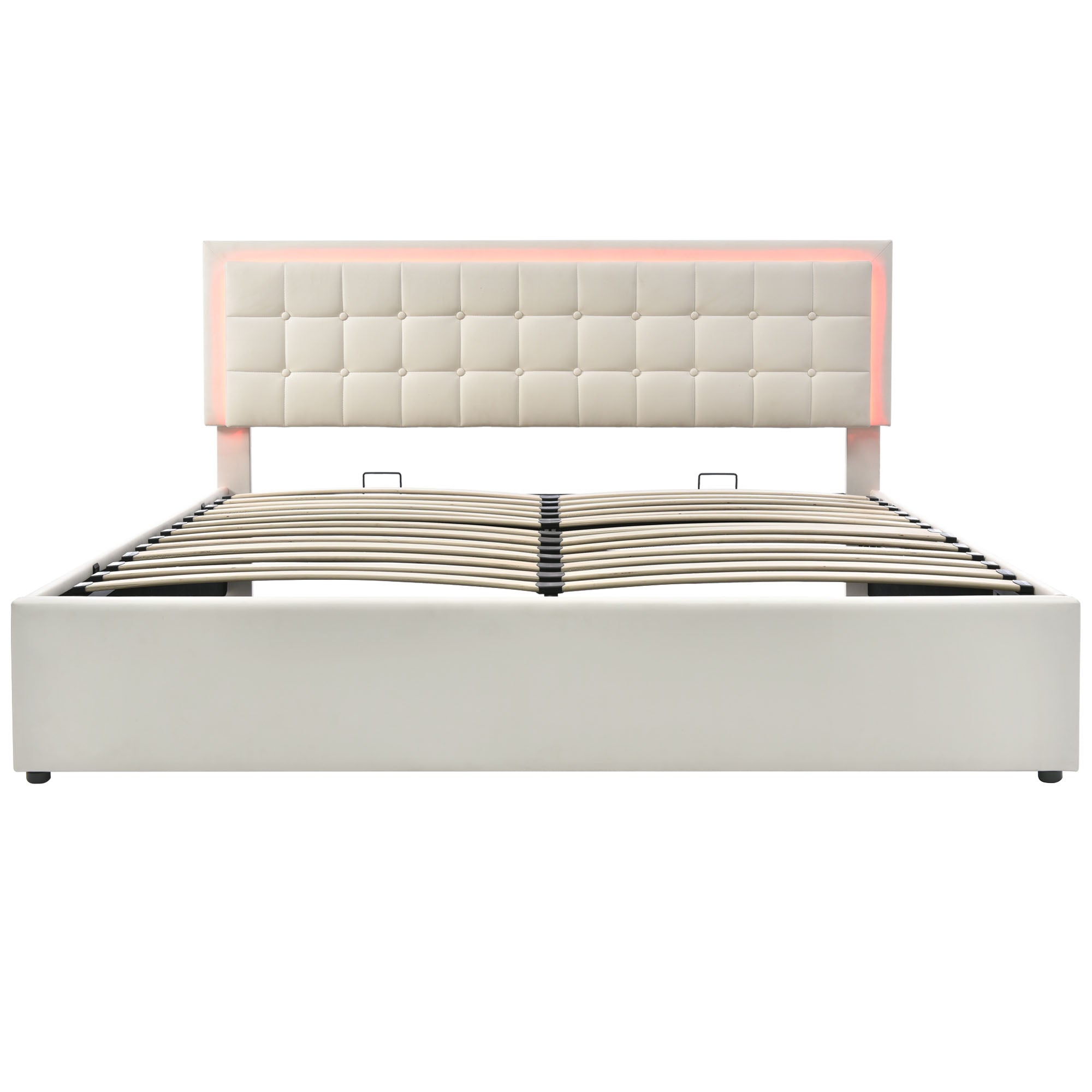 Upholstered Bed, 140x200cm, Storage, LED, White Imitation Leather