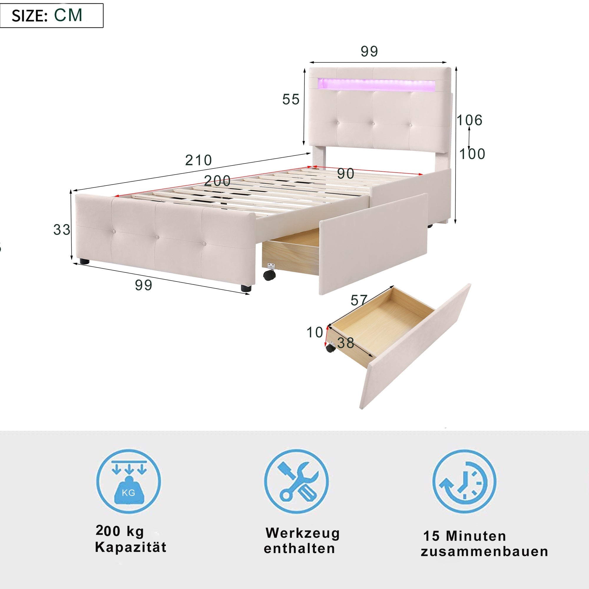 Upholstered Bed 90x200cm, LED Lights, 2 Drawers, Linen Beige
