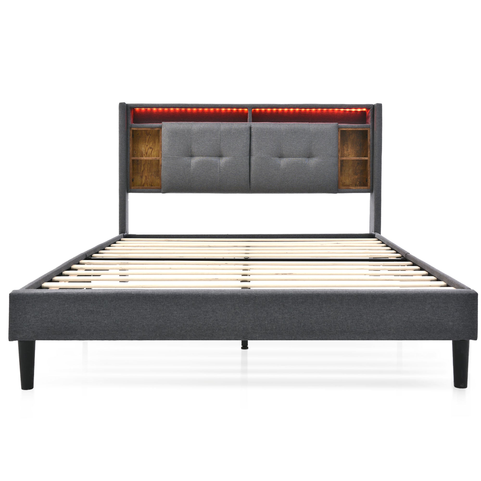 Upholstered Double Bed, Storage Headboard with USB & LED, Wooden Slatted Frame, Grey