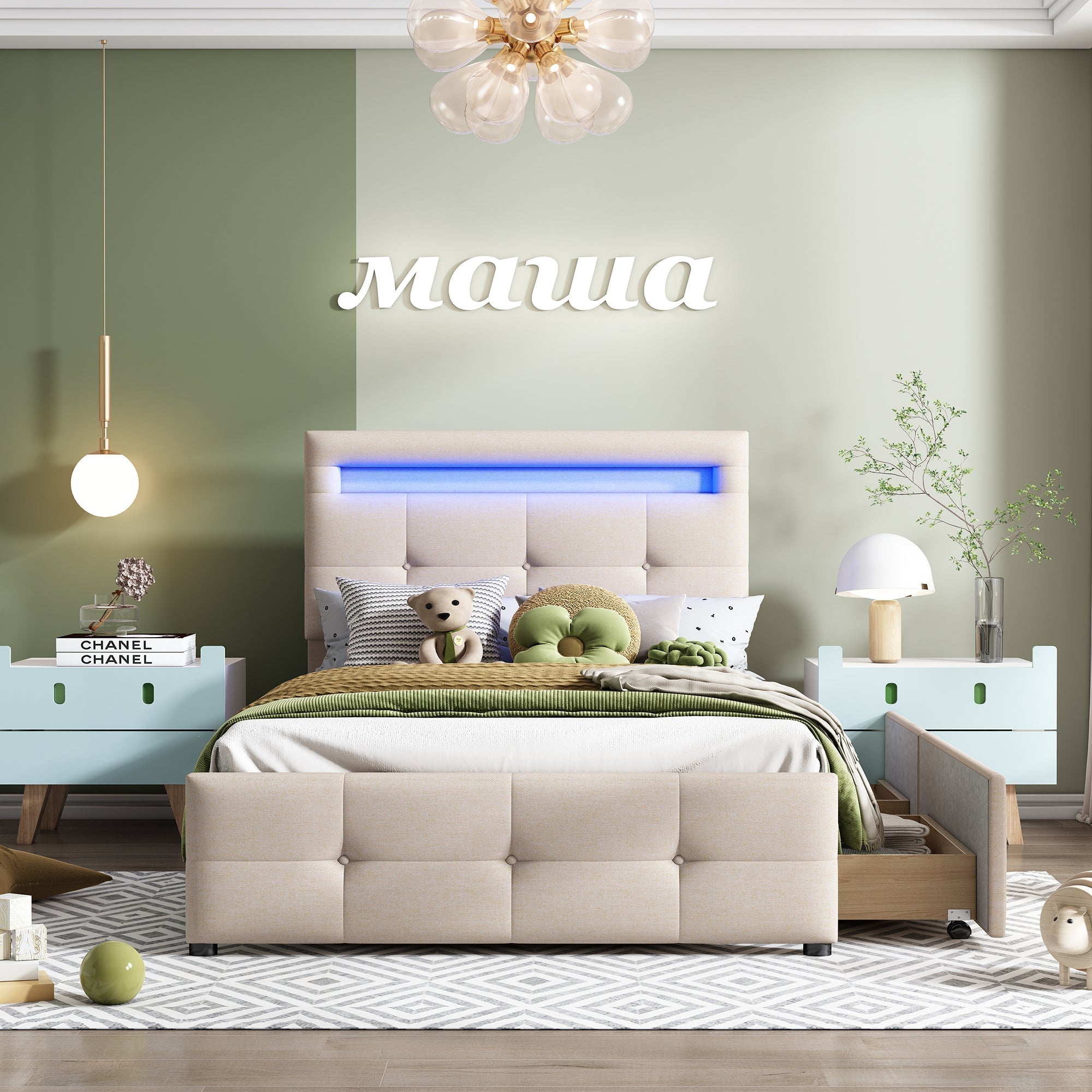 Upholstered Bed 90x200cm, LED Lights, 2 Drawers, Linen Beige