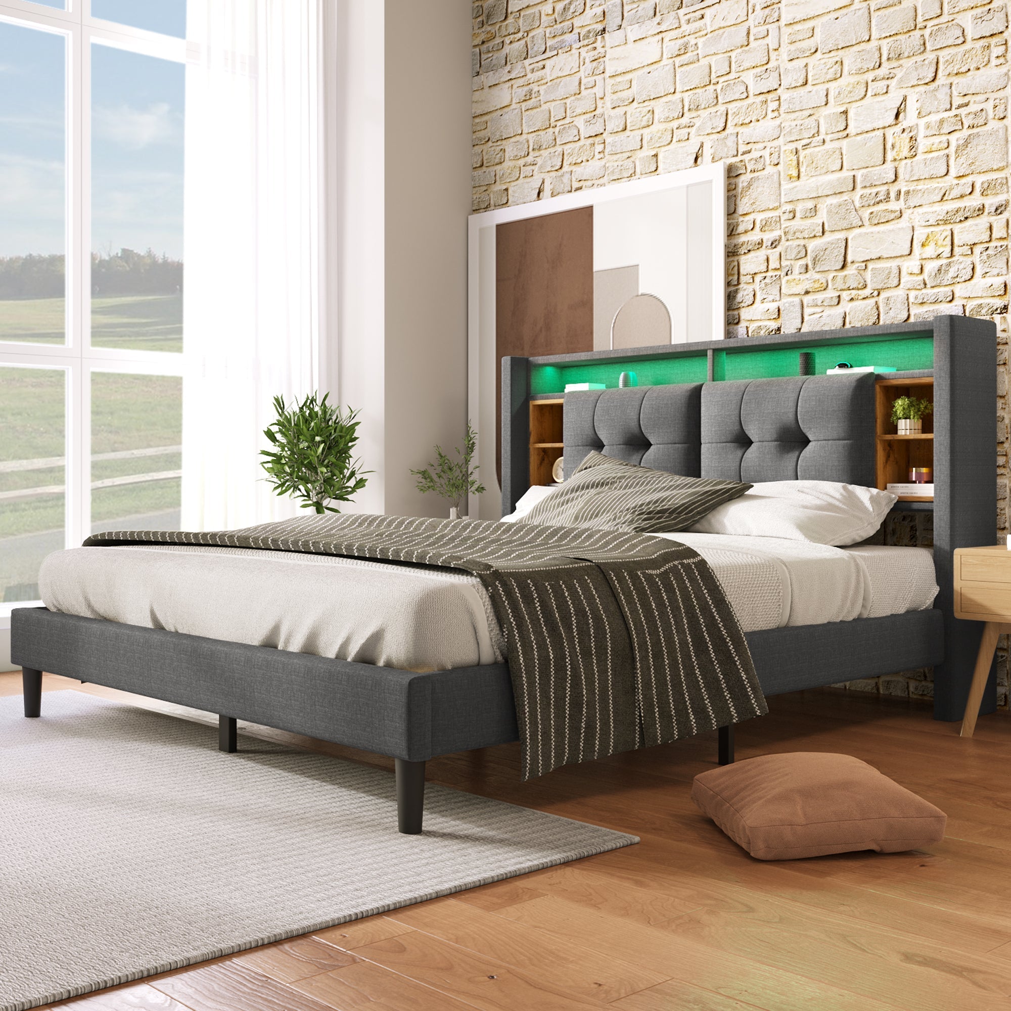 Upholstered Double Bed with Storage Headboard, USB & LED, Wooden Slats, Grey
