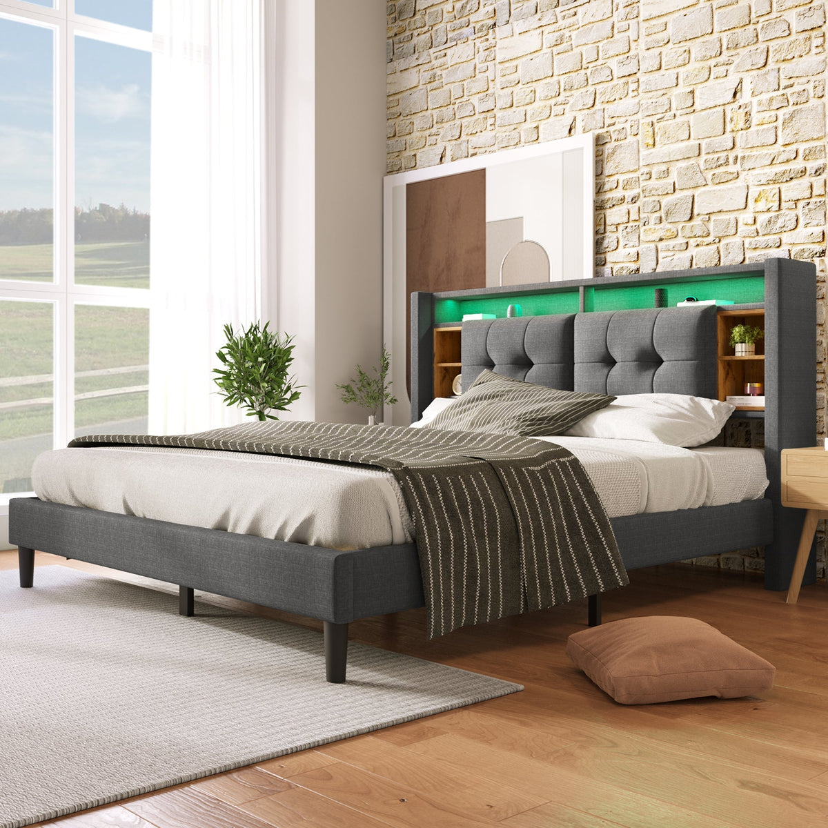 Upholstered Double Bed, Storage Headboard USB LED 160x200cm, Grey