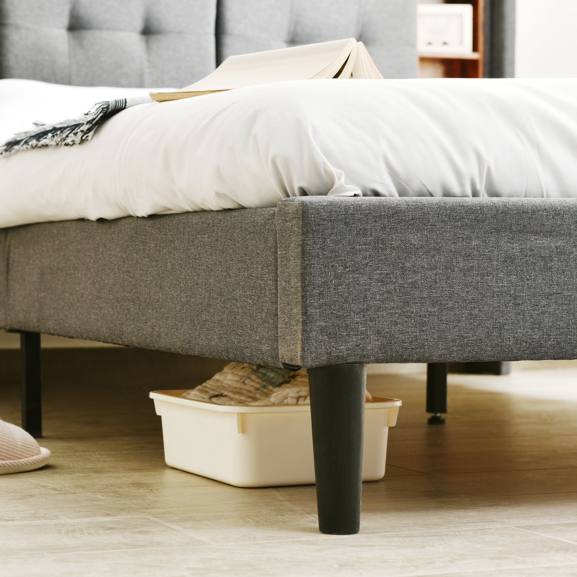 Upholstered Double Bed, Storage Headboard with USB & LED, Wooden Slatted Frame, Grey