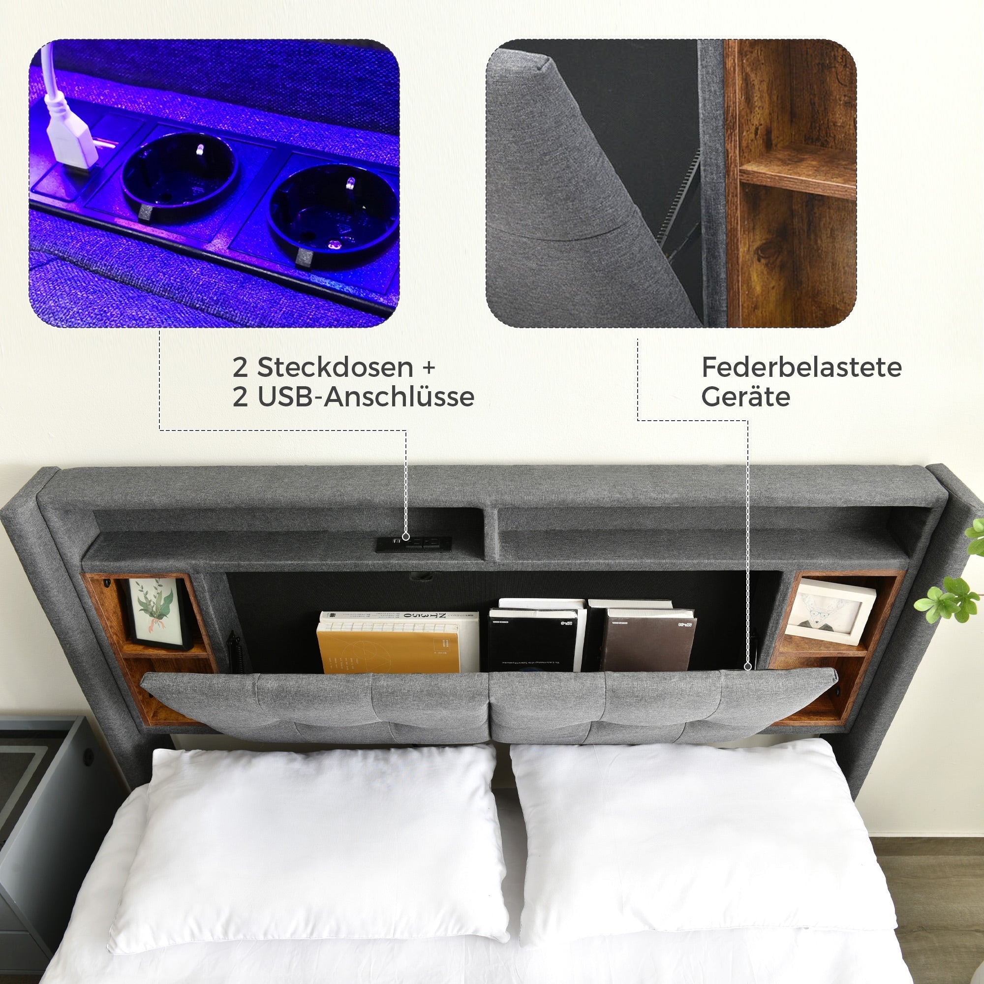 Upholstered Double Bed, Storage Headboard with USB & LED, Wooden Slatted Frame, Grey