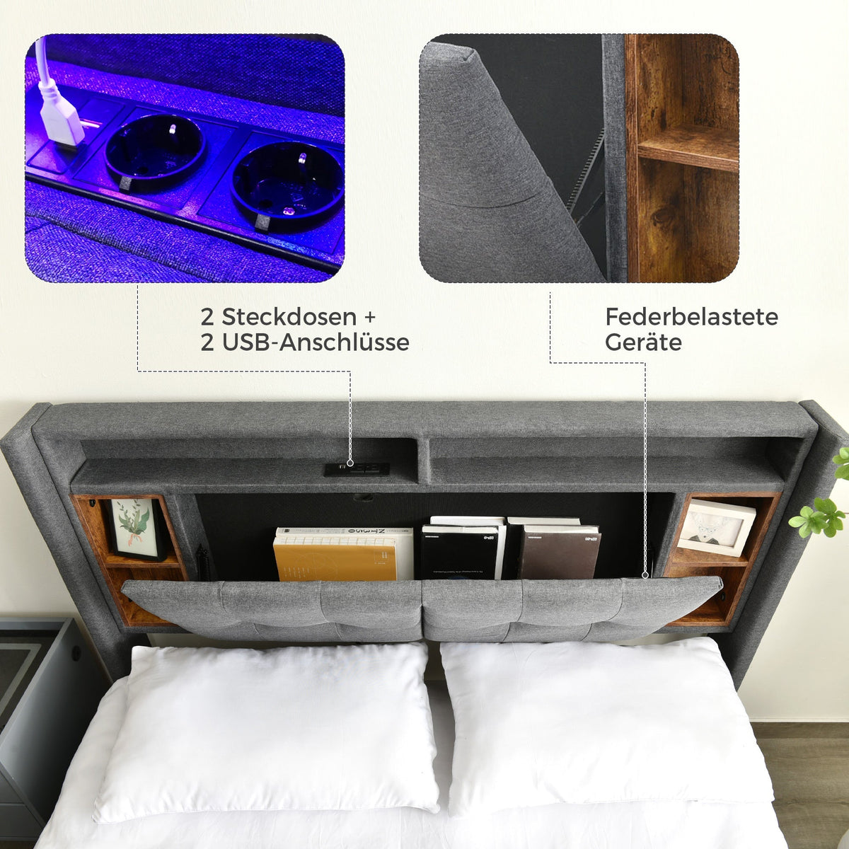 Upholstered Double Bed, Storage Headboard USB LED 160x200cm, Grey