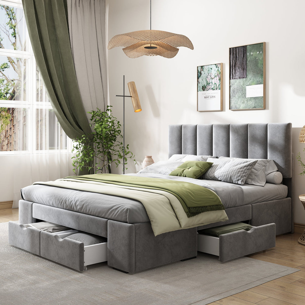 Upholstered Bed 140x200 Slatted Frame Backrest & 4 Drawers - Velvet Grey