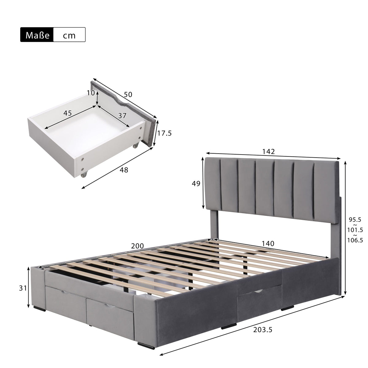 Upholstered Bed 140x200 Slatted Frame Backrest & 4 Drawers - Velvet Grey