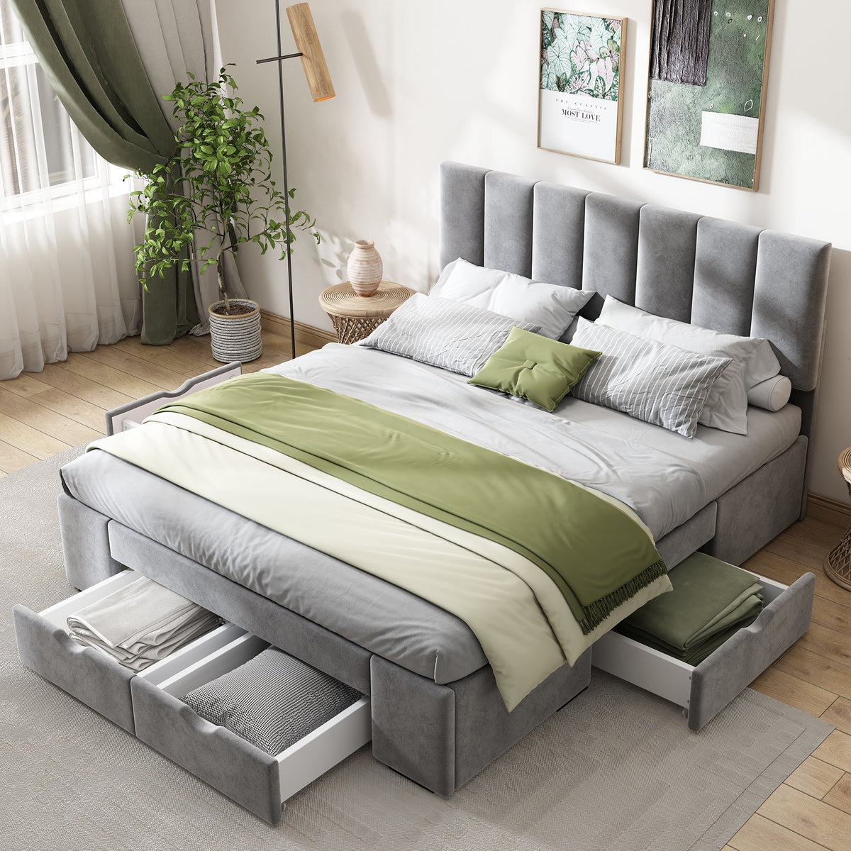 Upholstered Bed 140x200 Slatted Frame Backrest & 4 Drawers - Velvet Grey