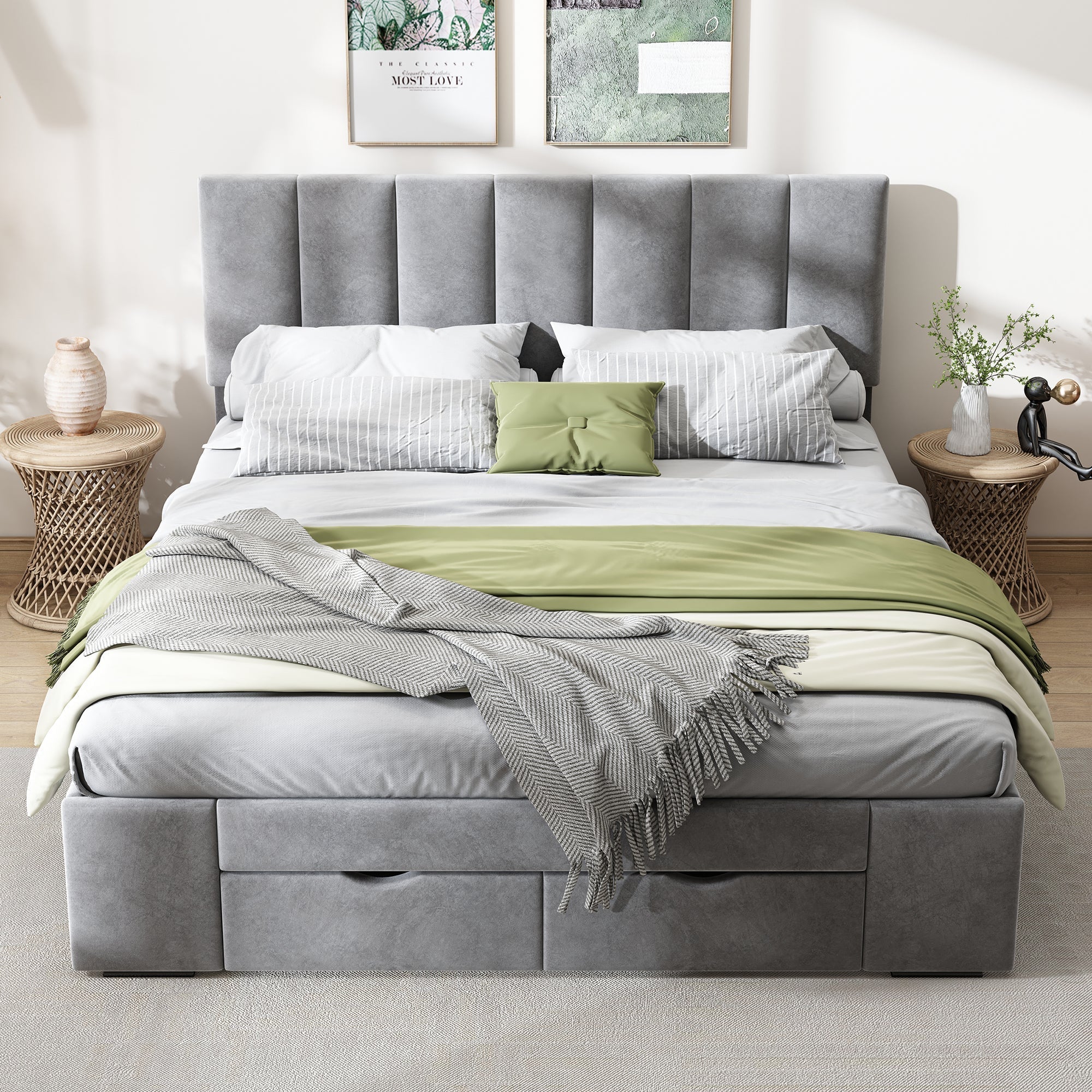 Upholstered Bed 140x200 Slatted Frame Backrest & 4 Drawers - Velvet Grey