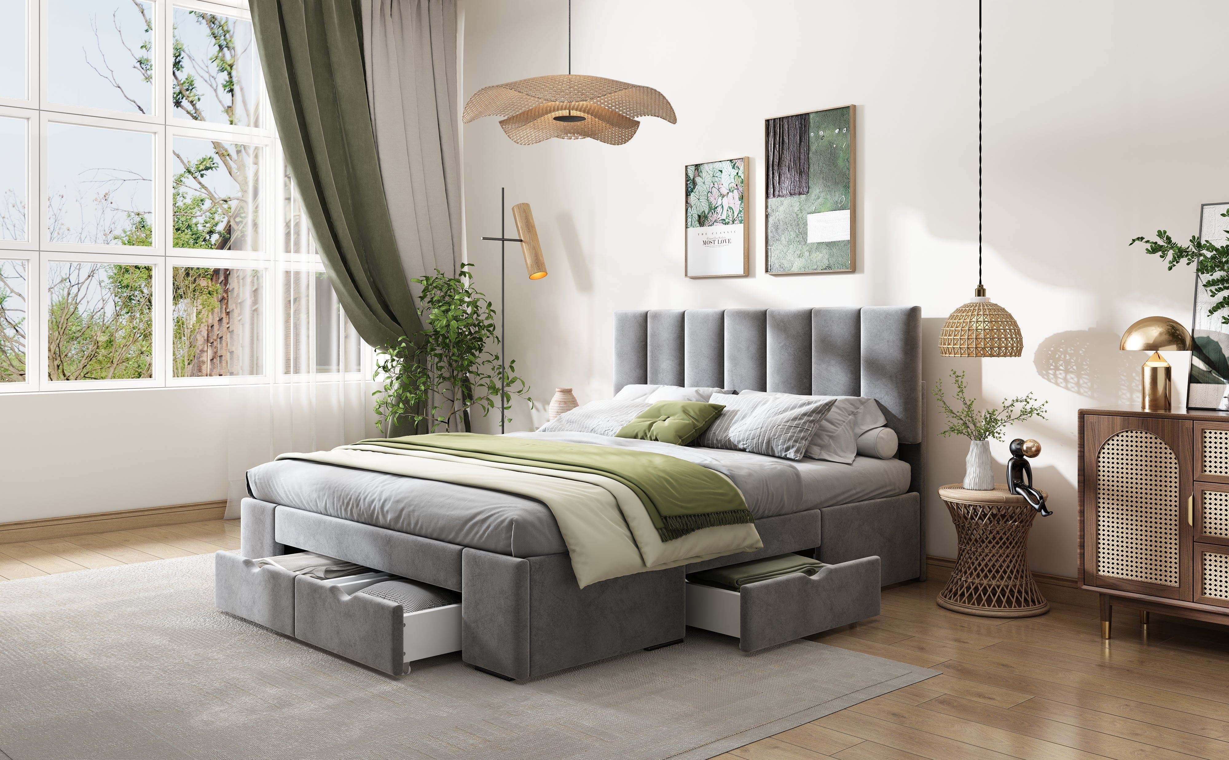 Upholstered Bed 140x200 Slatted Frame Backrest & 4 Drawers - Velvet Grey