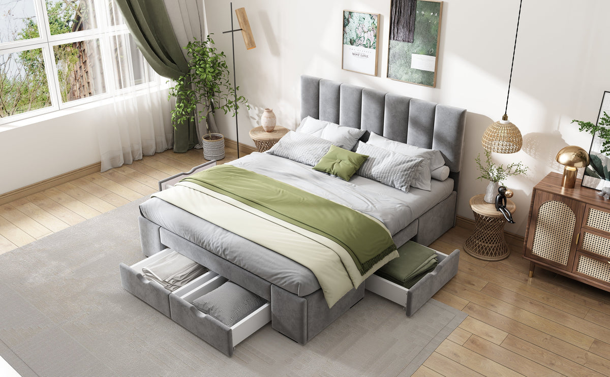 Upholstered Bed 140x200 Slatted Frame Backrest & 4 Drawers - Velvet Grey