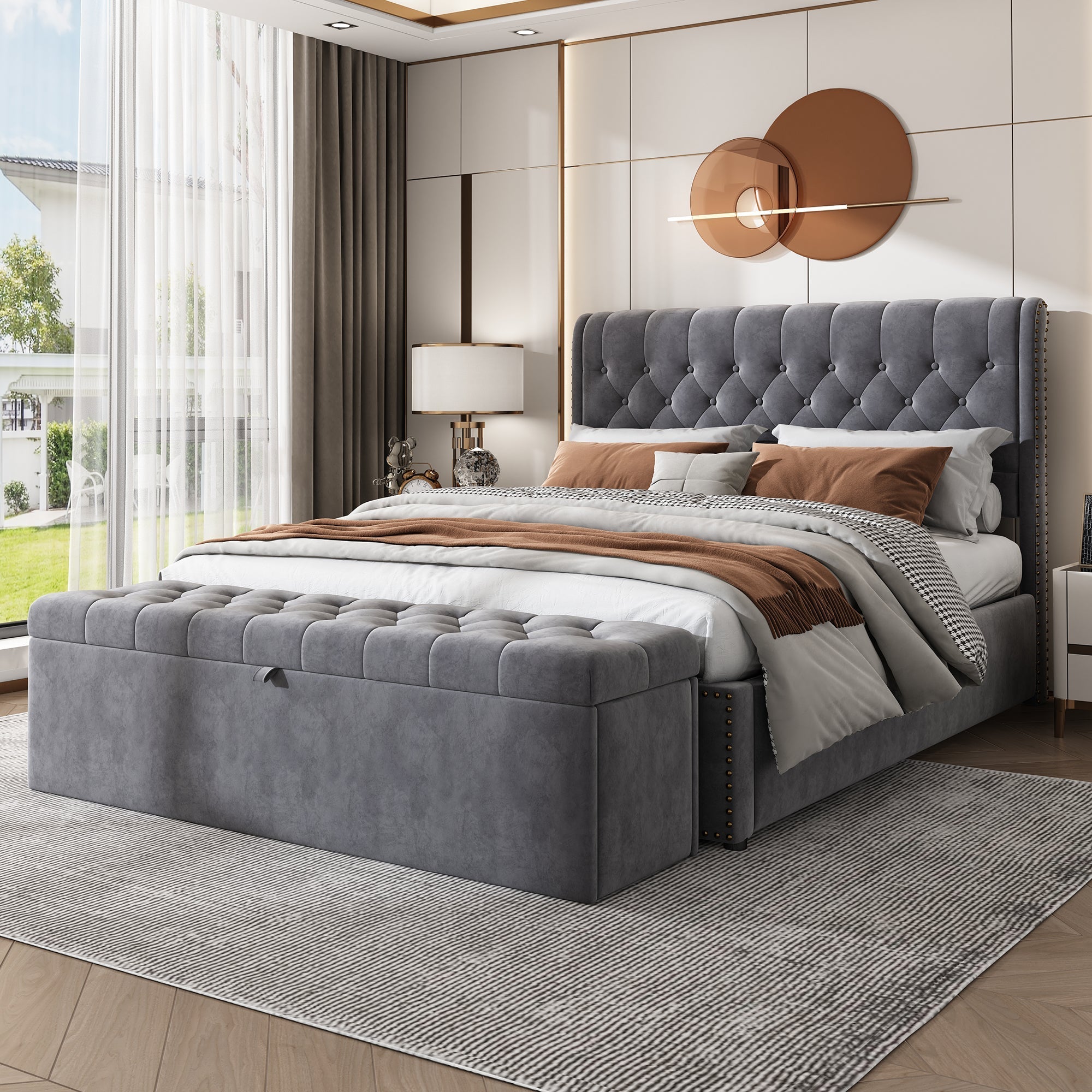Velvet Bench Upholstered Storage 138x41x42cm - Grey