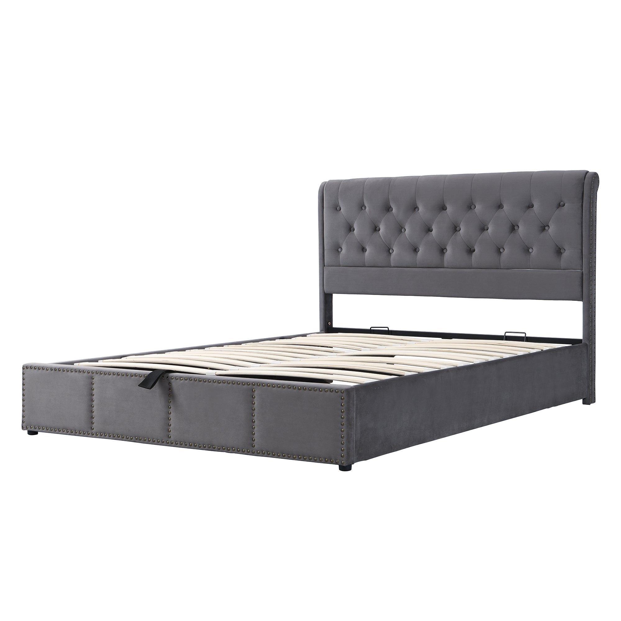 Upholstered Bed 140x200cm Hydraulic Storage with Upholstered Bench - Velvet Grey