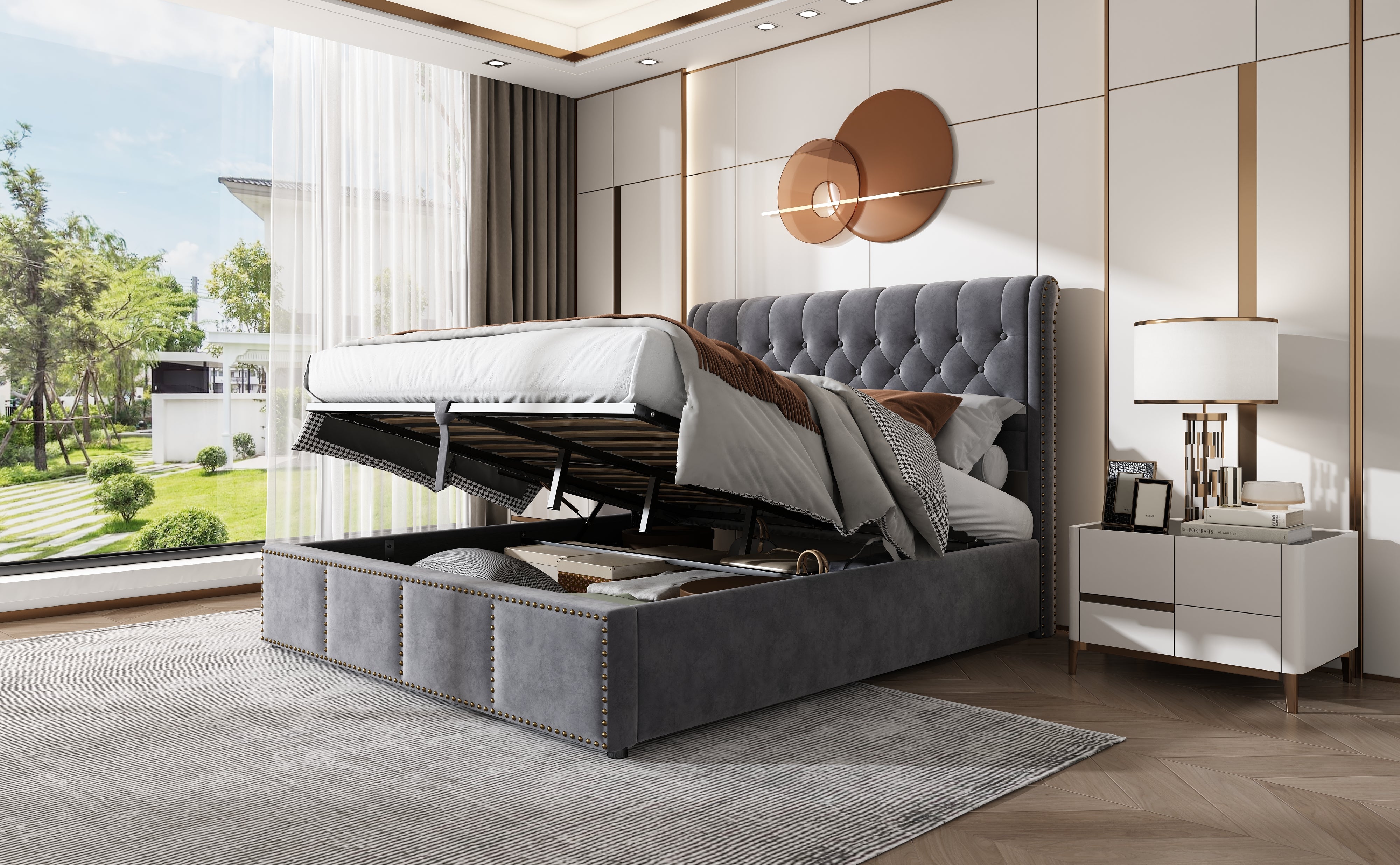 Upholstered Bed with Hydraulic Storage and Studded Decoration, 180x200cm, Grey Velvet