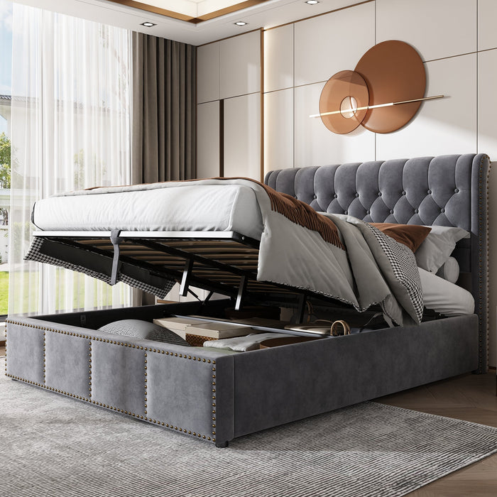 Upholstered Bed 140x190cm Hydraulic Storage Studded - Velvet Grey