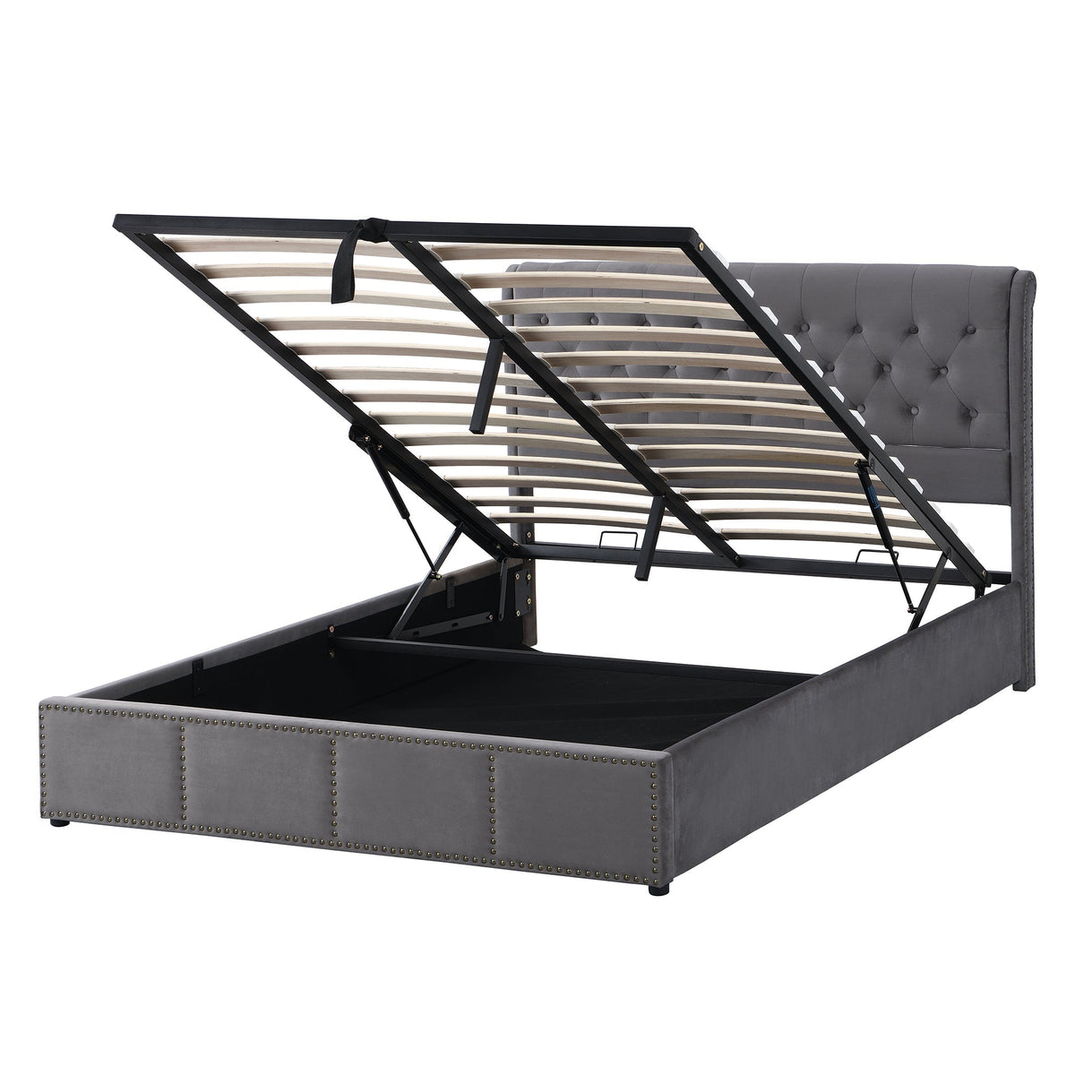 Upholstered Bed 140x190cm Hydraulic Storage Studded - Velvet Grey