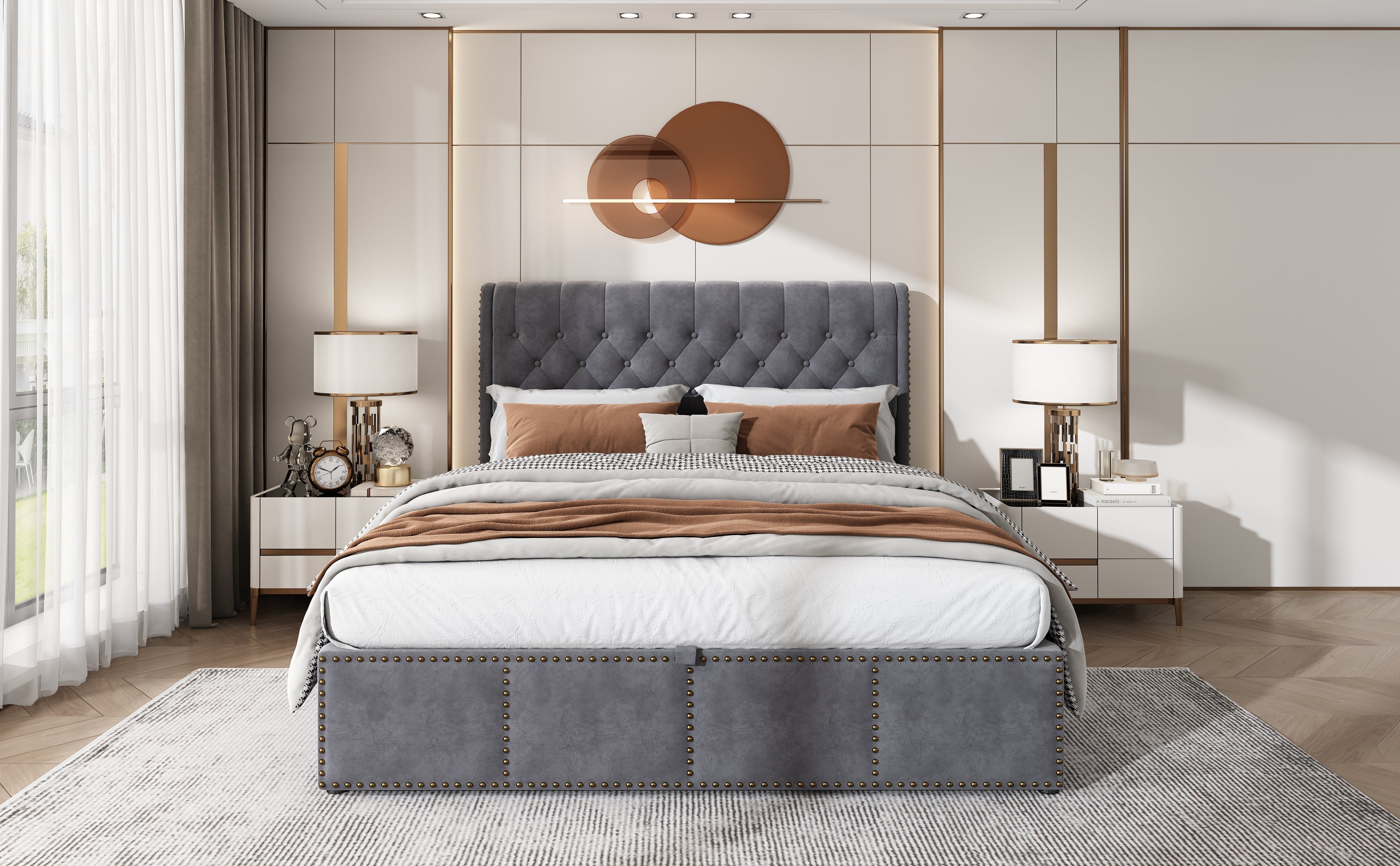 Upholstered Bed 140x190cm Hydraulic Storage Studded - Velvet Grey