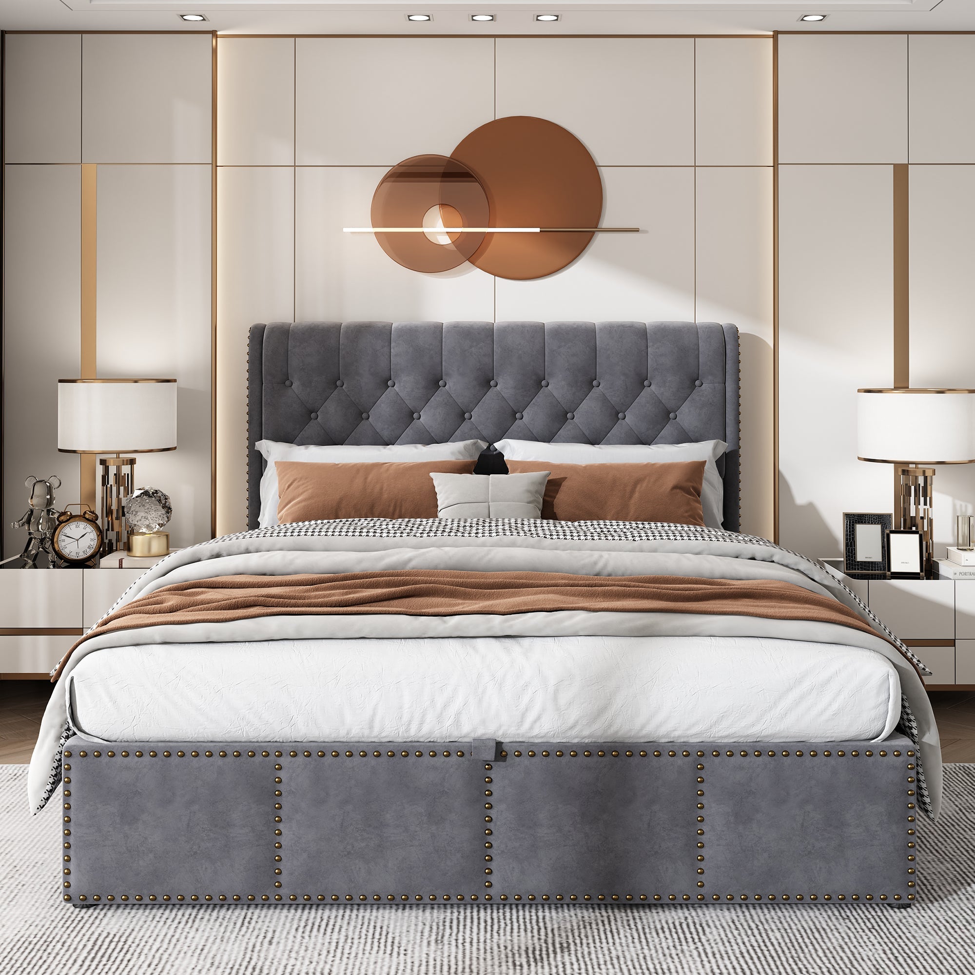Upholstered Bed with Hydraulic Storage and Studded Decoration, 180x200cm, Grey Velvet