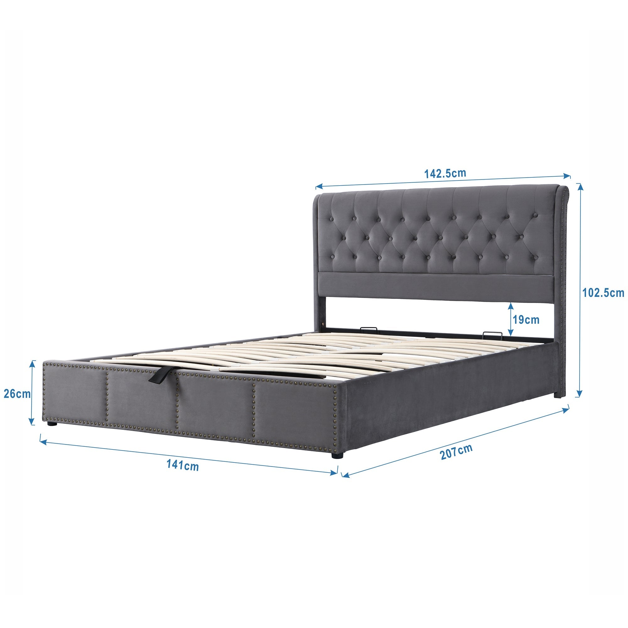 Upholstered Bed with Hydraulic Storage and Studded Decoration, 140x200cm, Grey Velvet