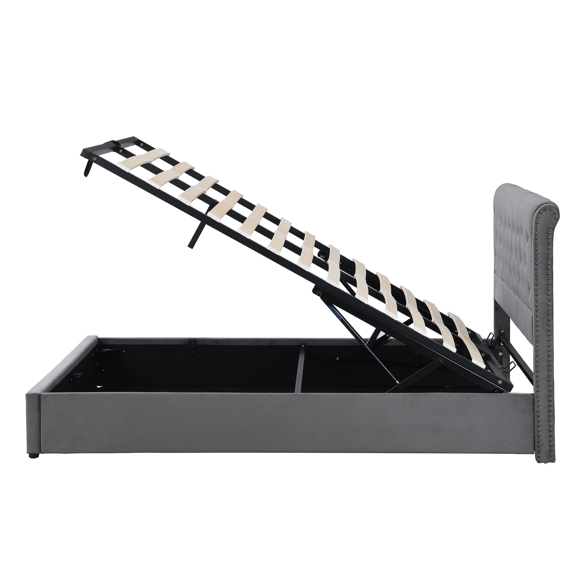 Upholstered Bed 140x200cm Hydraulic Storage with Upholstered Bench - Velvet Grey