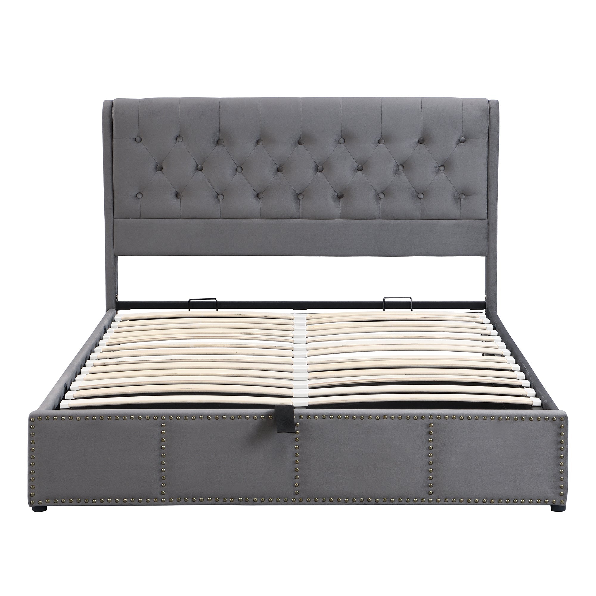 Upholstered Bed with Hydraulic Storage and Studded Decoration, 140x200cm, Grey Velvet