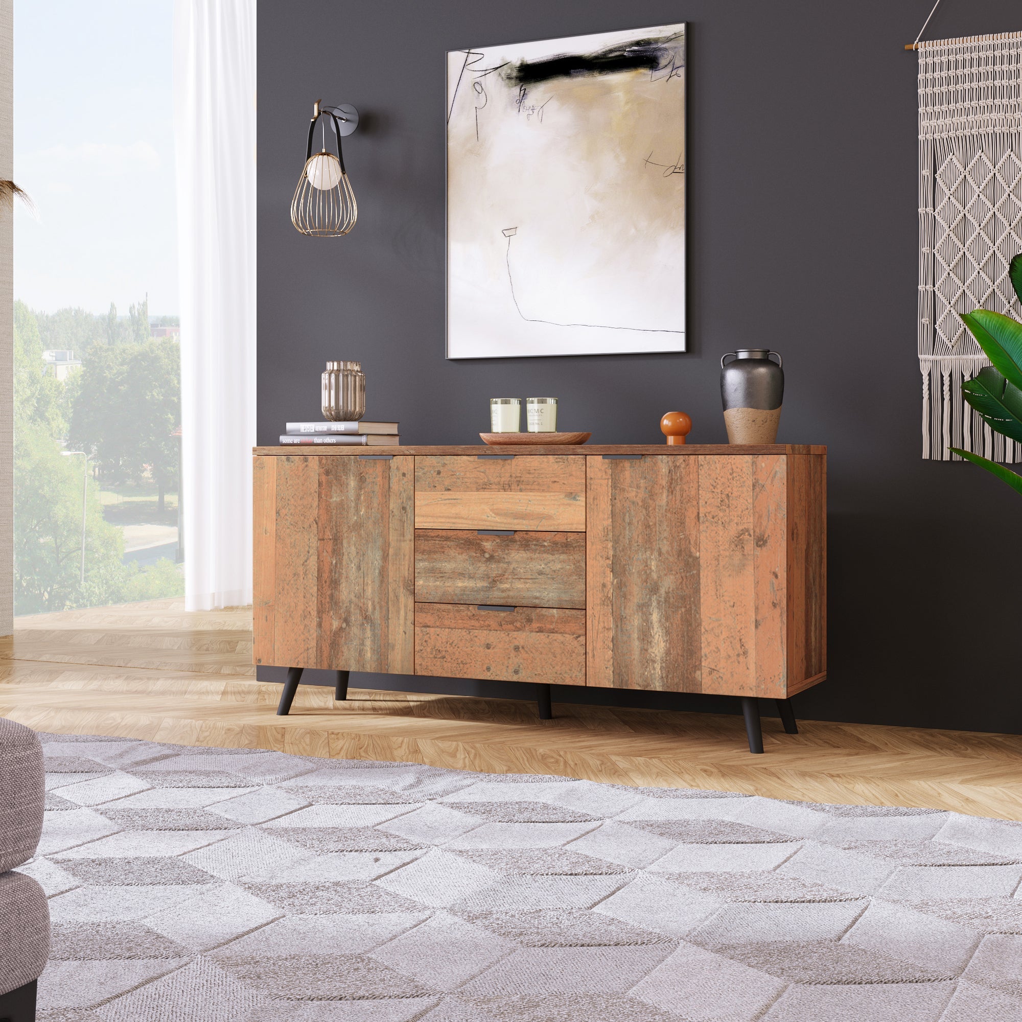 Sideboard Storage Cupboard with Adjustable Shelves & Three Drawers, 140cm, Vintage Brown