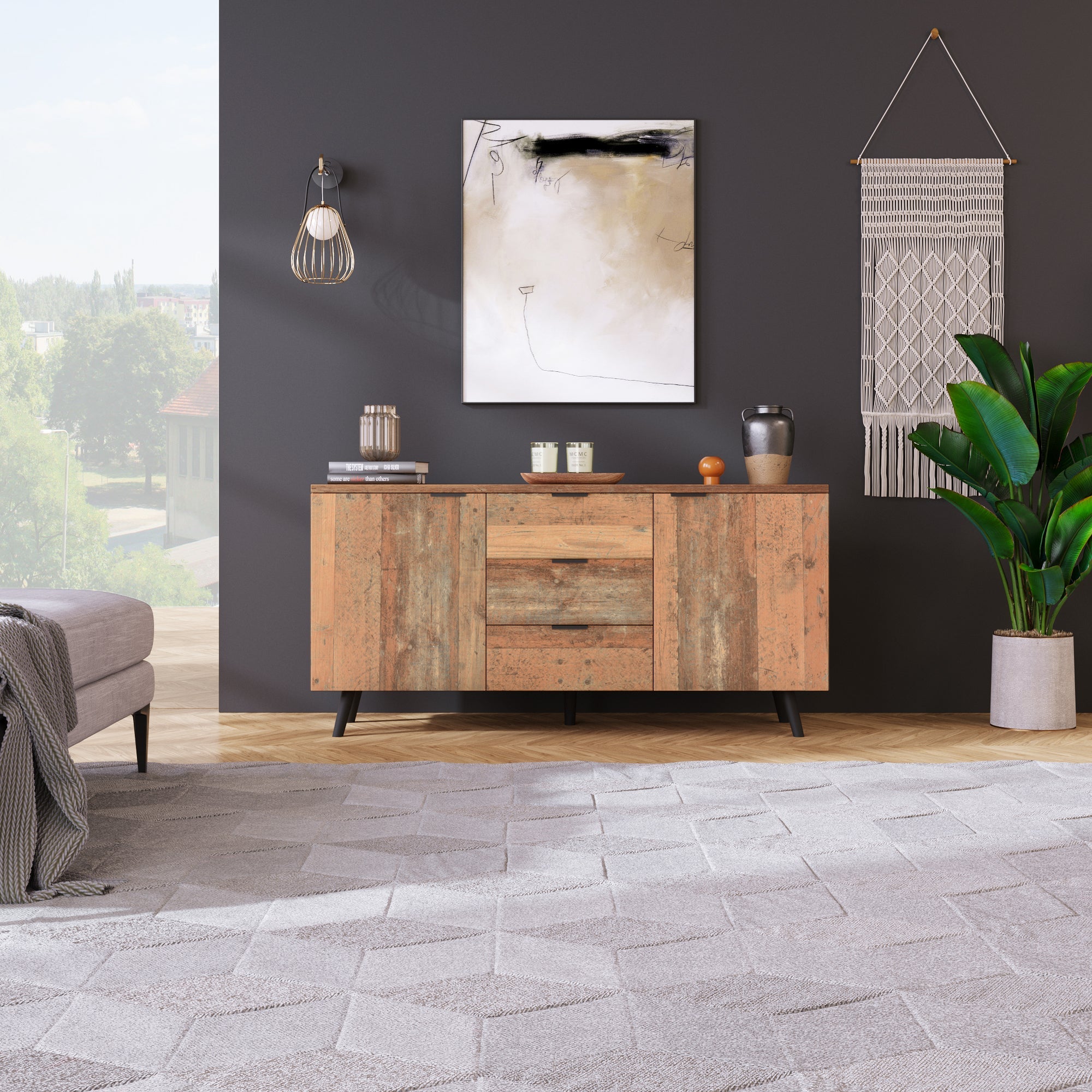 Sideboard Storage Cupboard with Adjustable Shelves & Three Drawers, 140cm, Vintage Brown