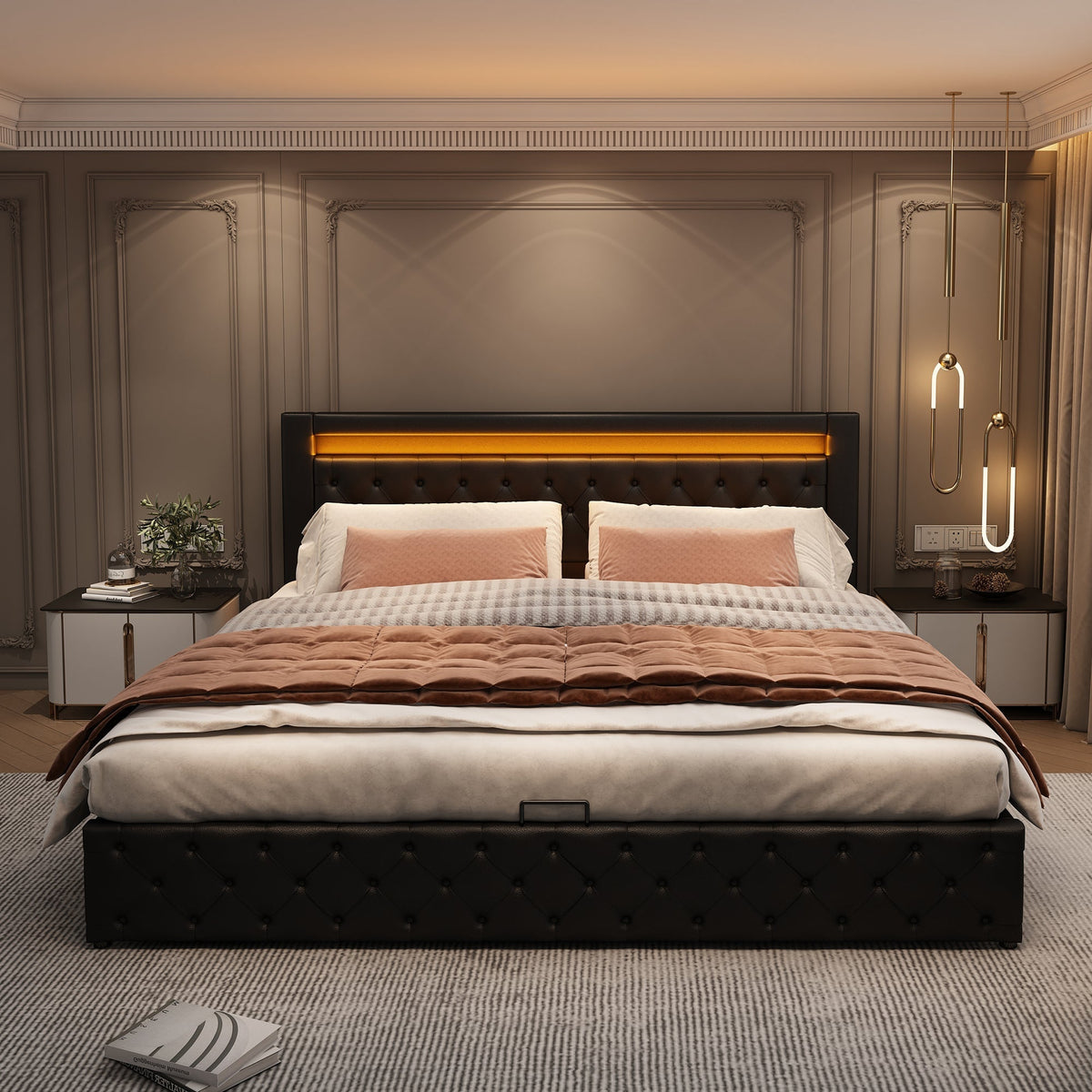 Upholstered Bed 180x200cm Functional Storage LED Slatted Frame - Black PU